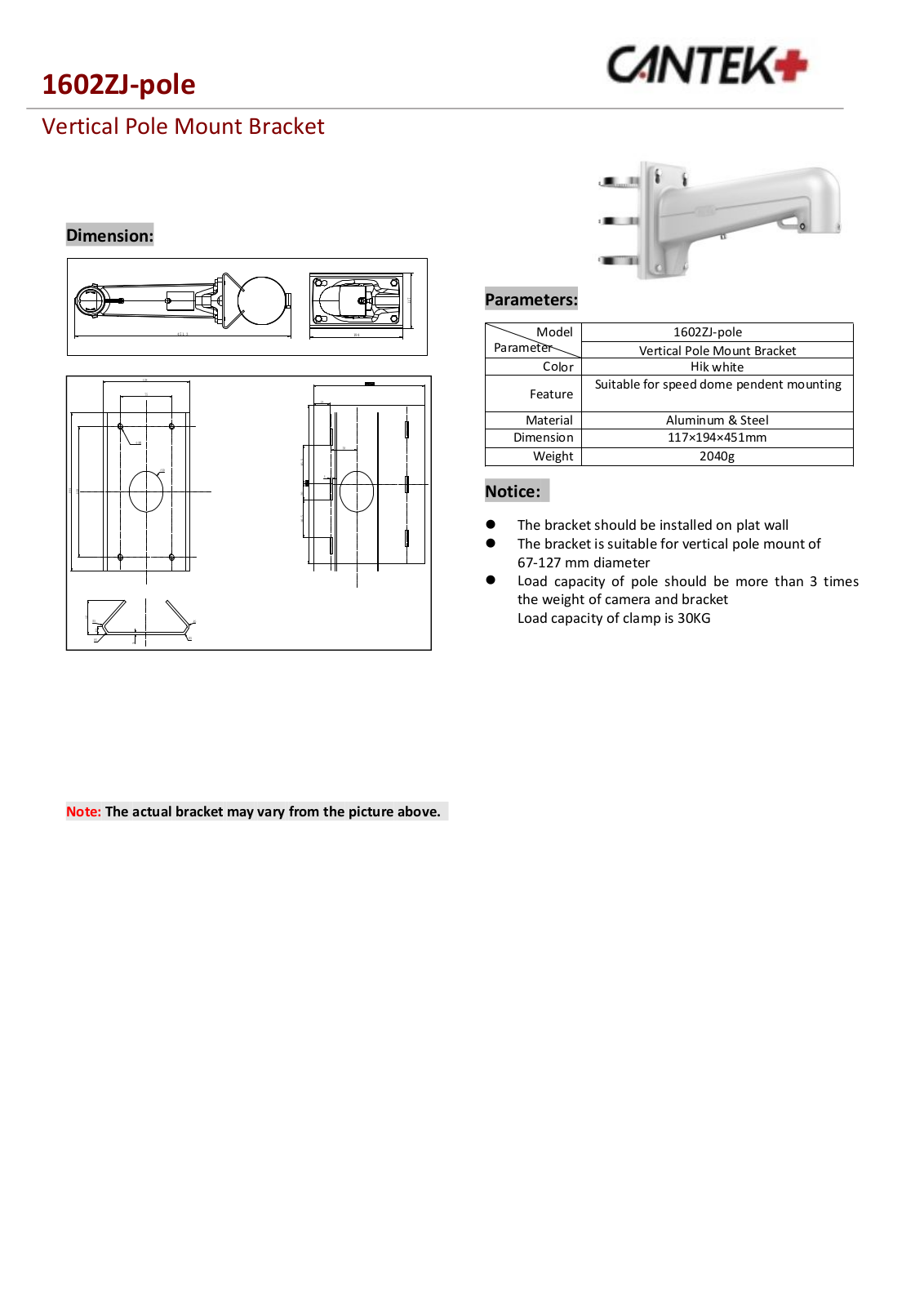 Cantek CT-1602ZJ-Pole Specsheet