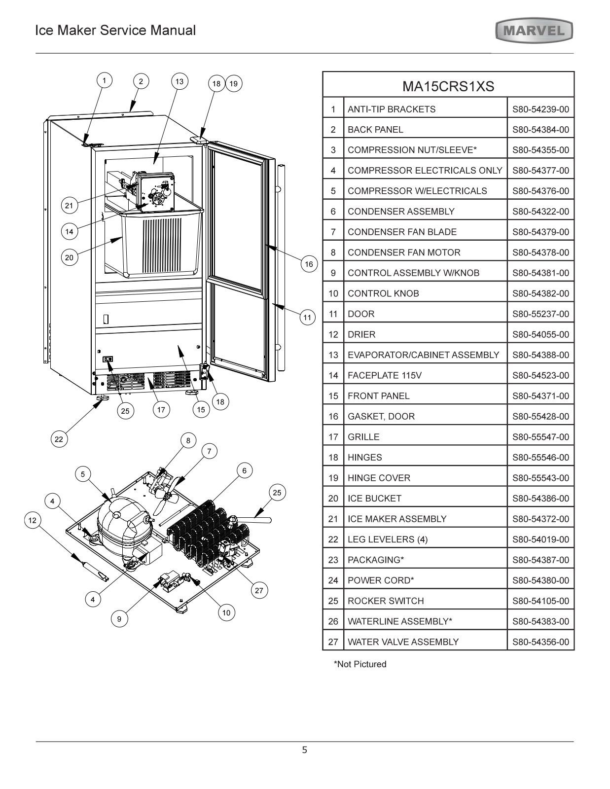 Marvel Refrigeration MA15CRS1X Parts Manual