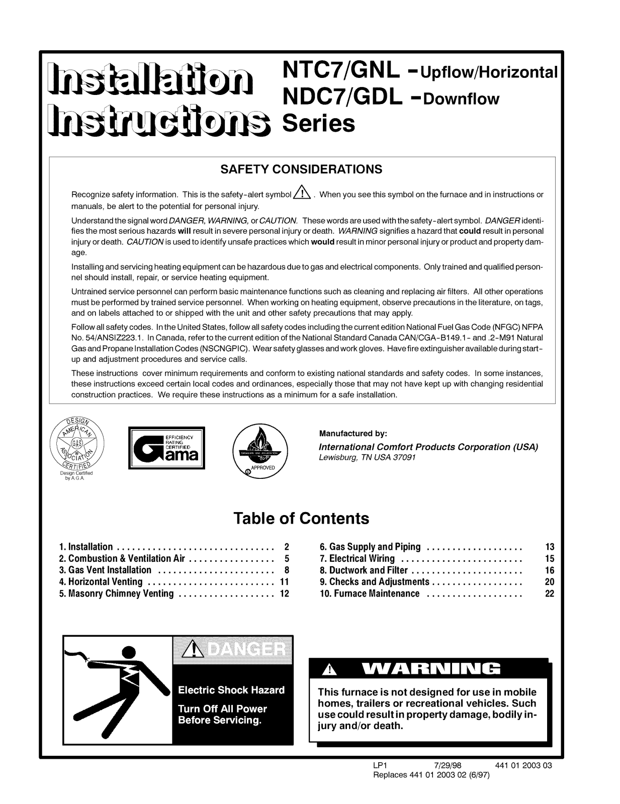 ICP GDL050N12A1, GDL075N12A1, GDL075N12A2, GDL075N12A3, GDL100N16A1 Installation Guide