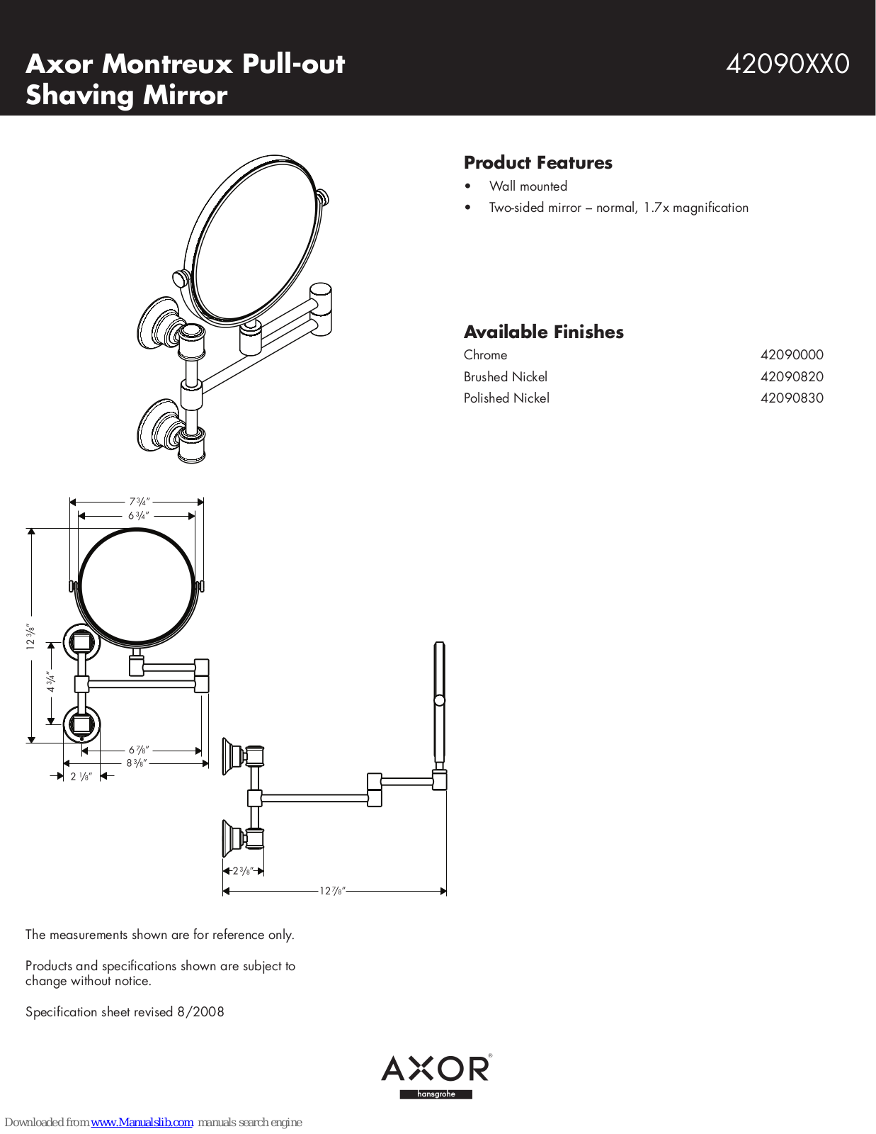 Axor 42090000, 42090820, 42090830 Specification Sheet