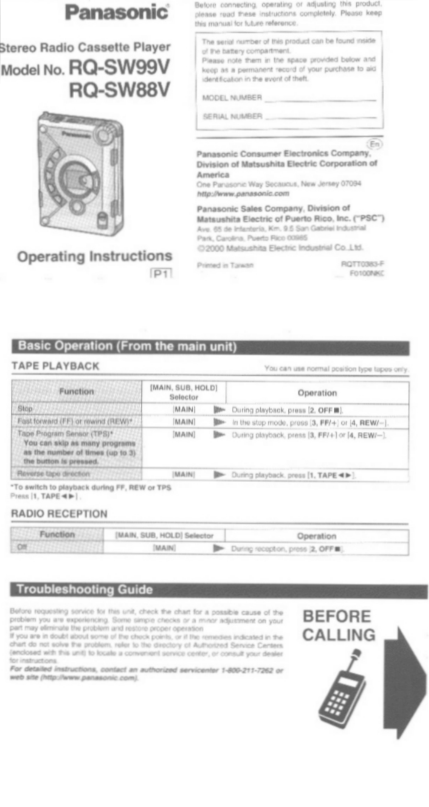 Panasonic rq-sw99v Operation Manual