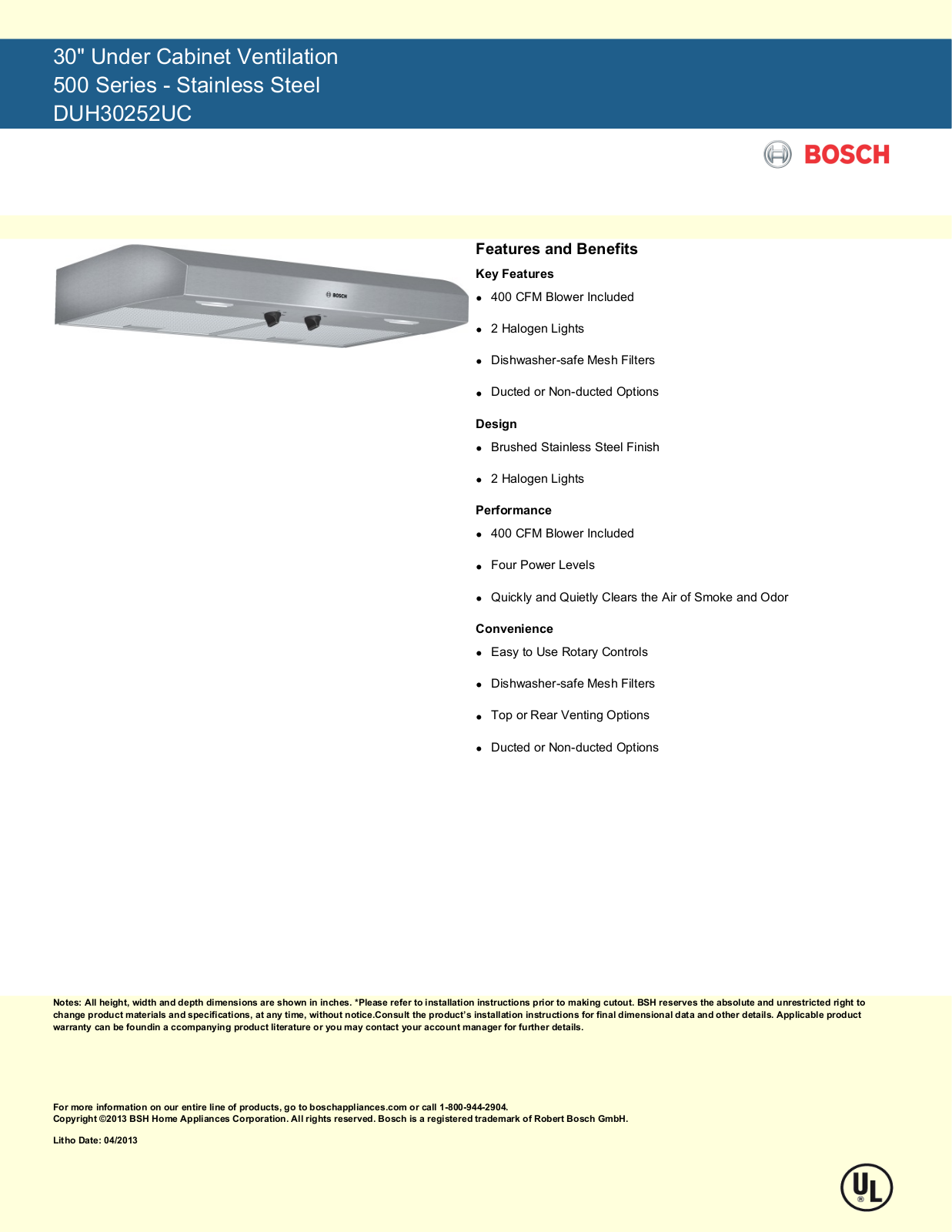 Bosch DUH30252UC Specs