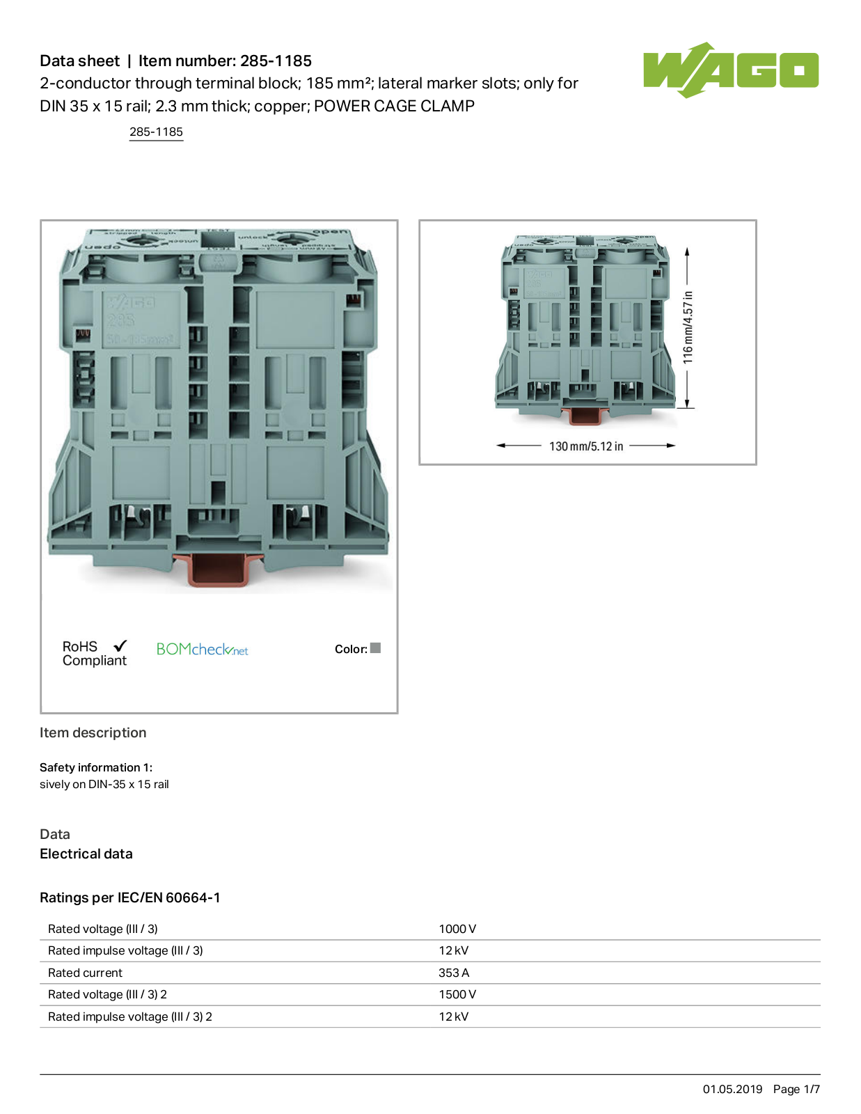 Wago 285-1185 Data Sheet