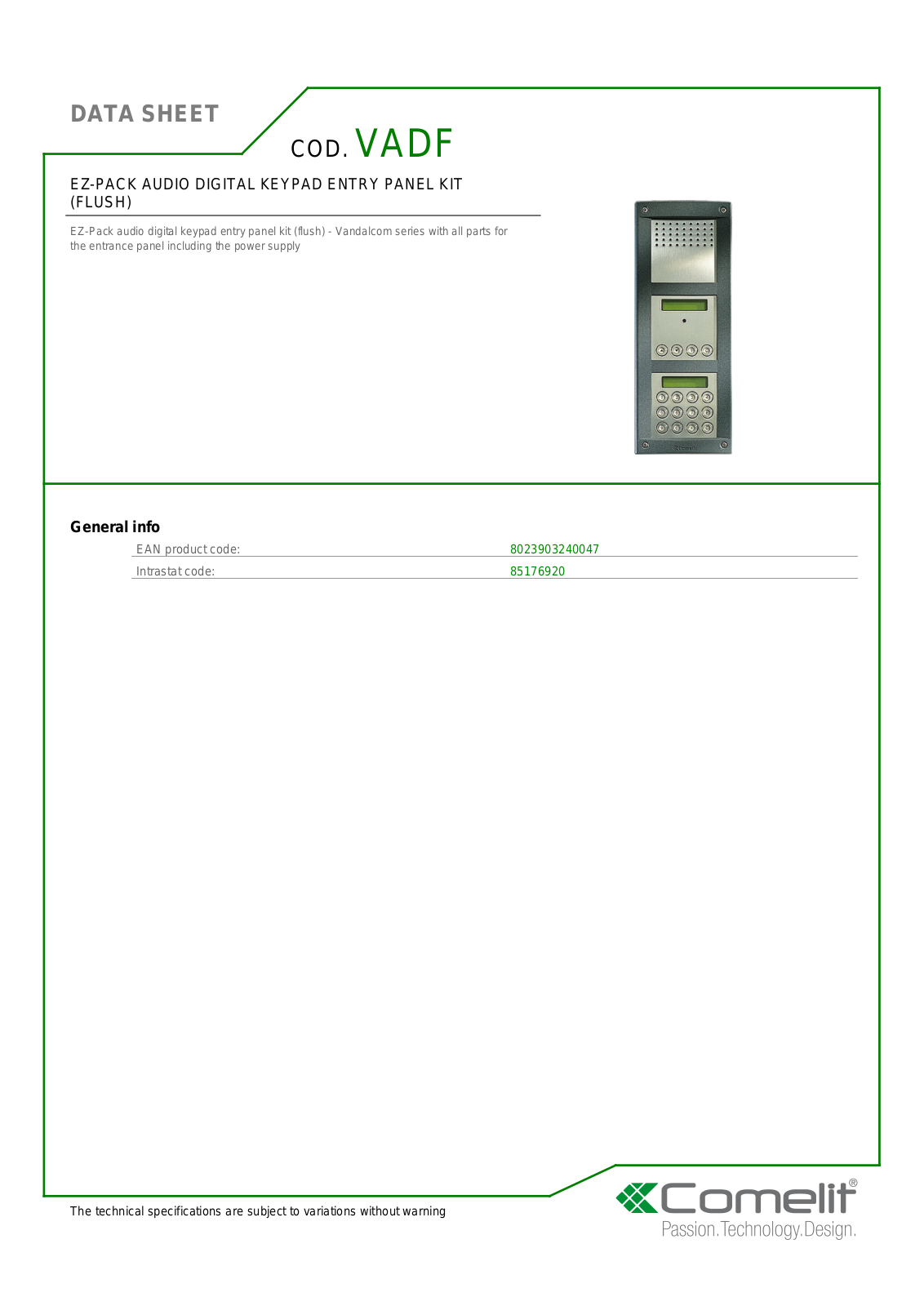 Comelit VADF Specsheet