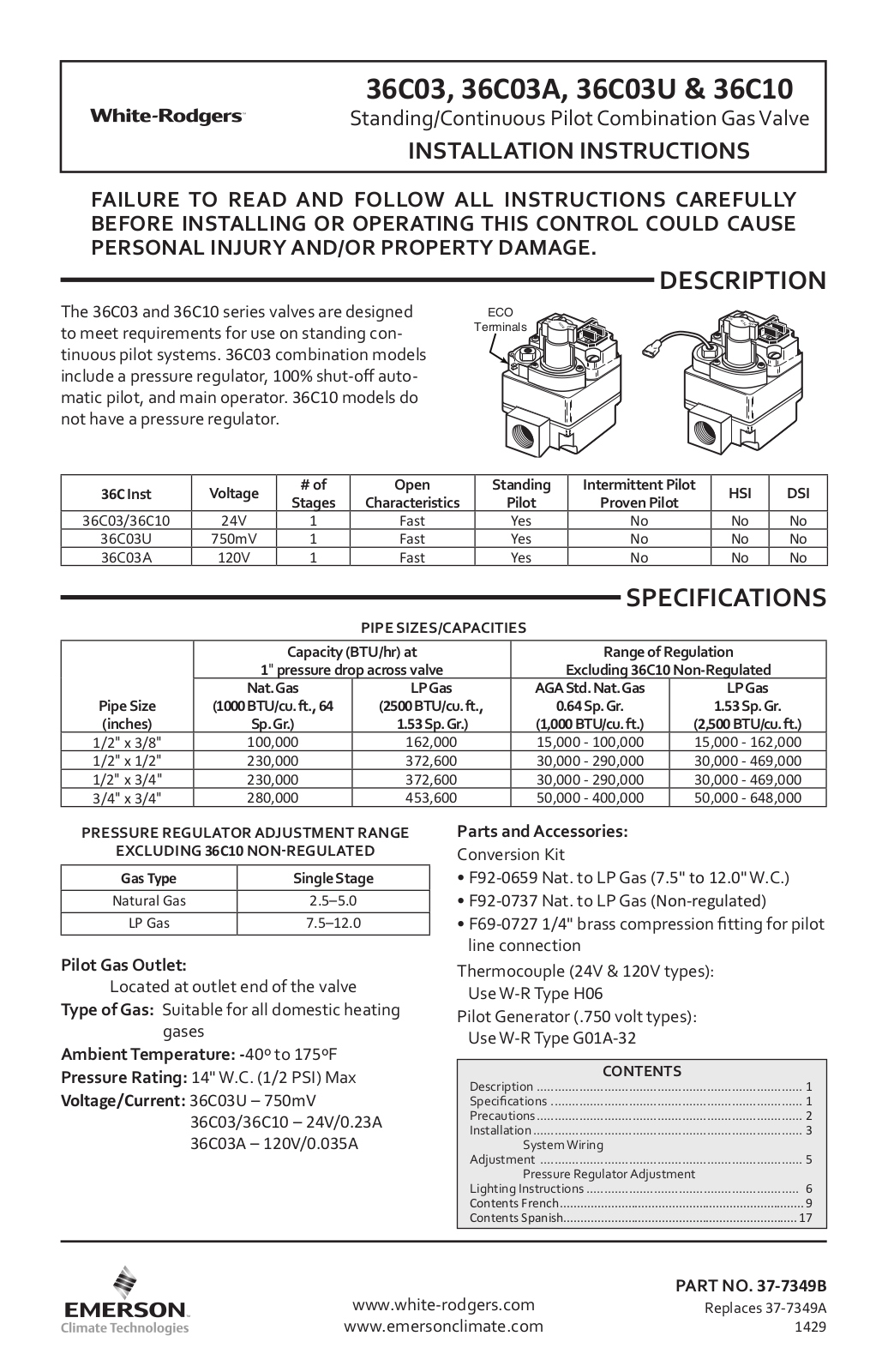 White Rodgers 36C03U-433, 36C03U-333, 36C03-400, 36C03-433, 36C03-300 Installation Instructions