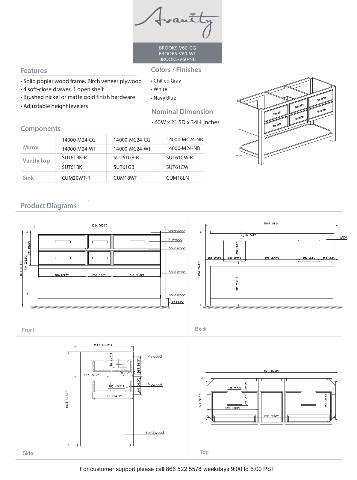 Avanity BROOKSV60NB Specifications