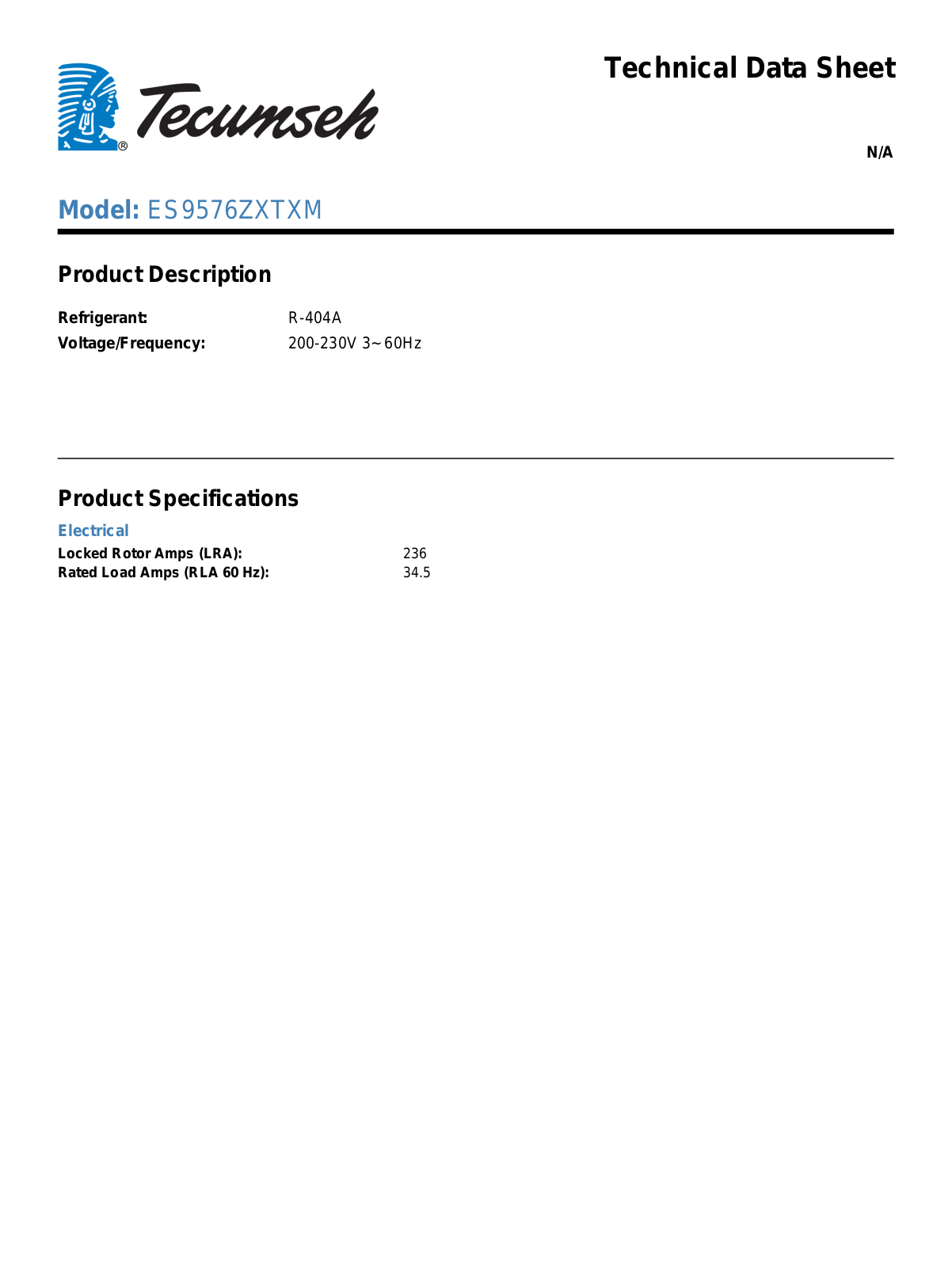 Tecumseh ES9576ZXTXM Technical Data Sheet