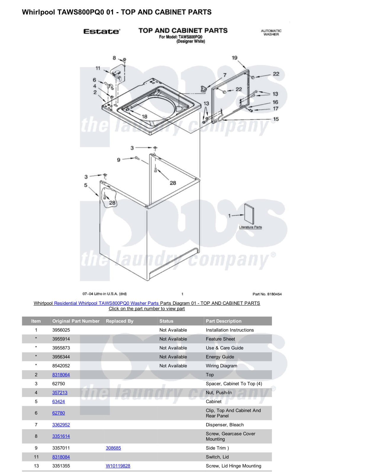 Whirlpool TAWS800PQ0 Parts Diagram