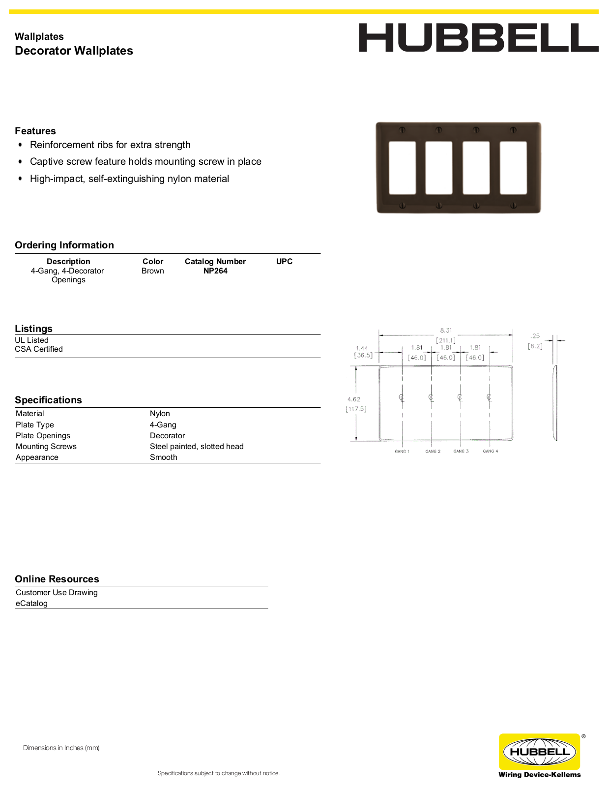 Hubbell NP264 Specifications