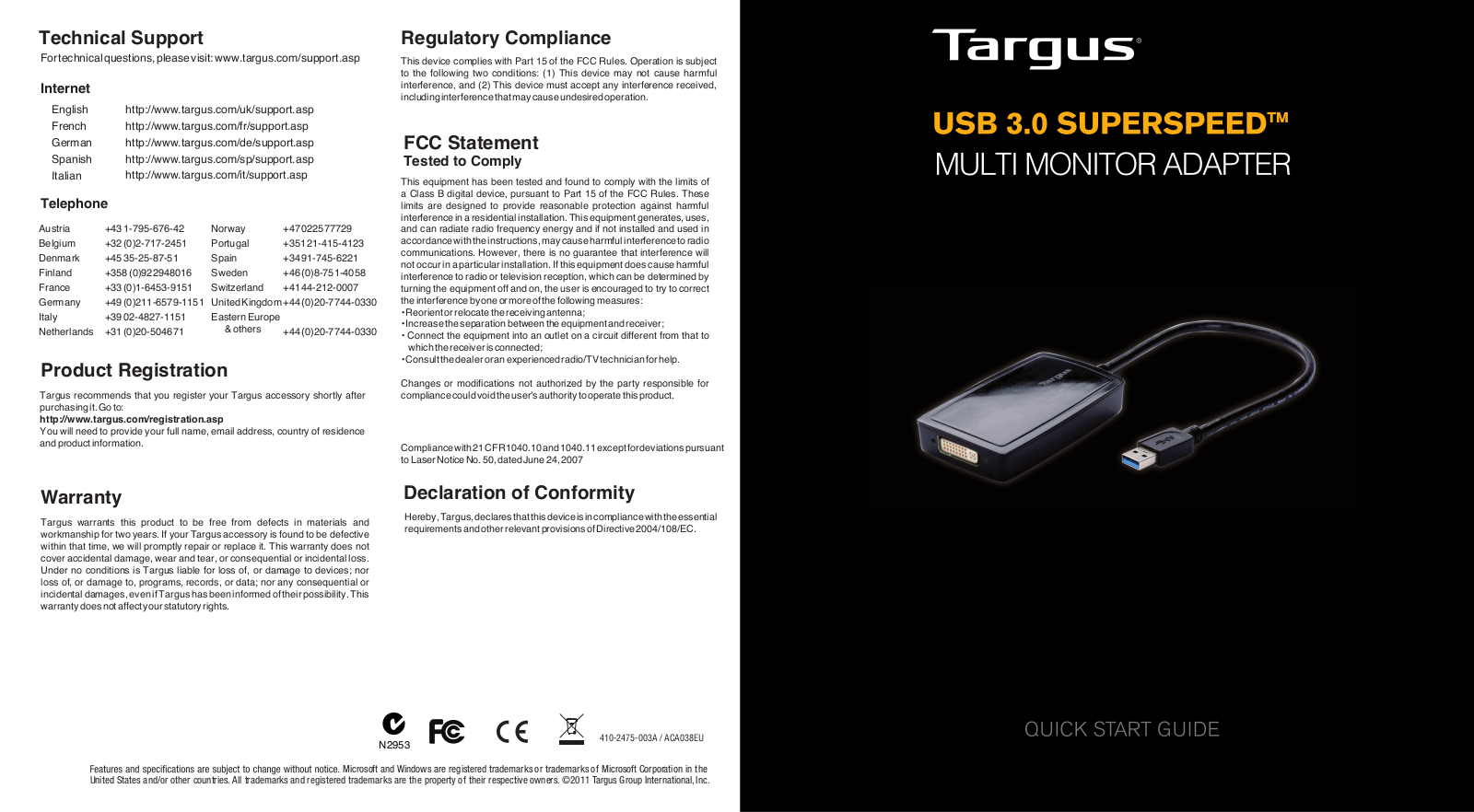 Targus USB 3.0 SUPERSPEED ACA038EU Quick Start Manual