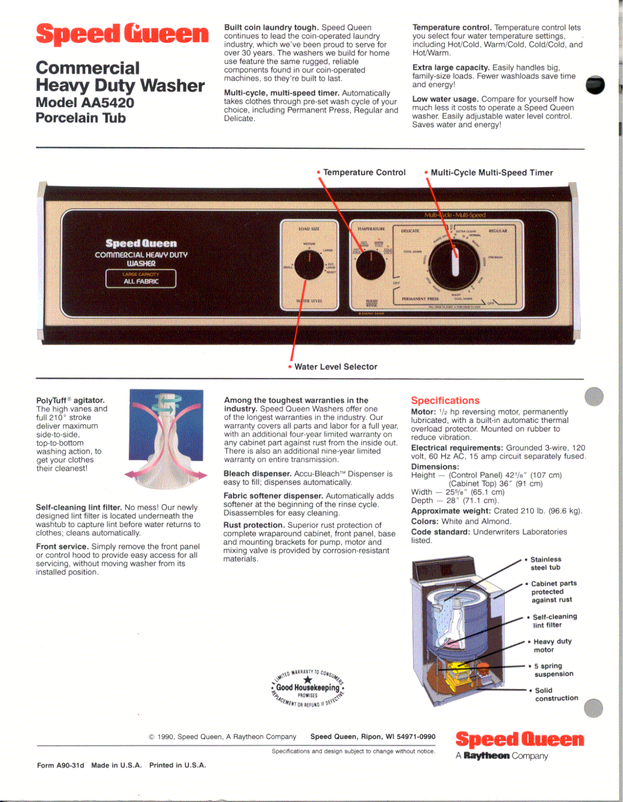 Speed Queen AA5420W Specification Sheet