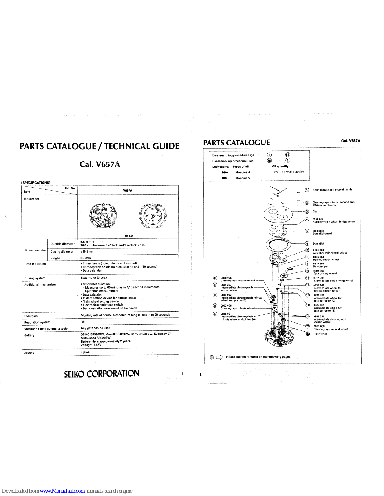 Seiko V657, V657A Parts Catalogue /technical Manual