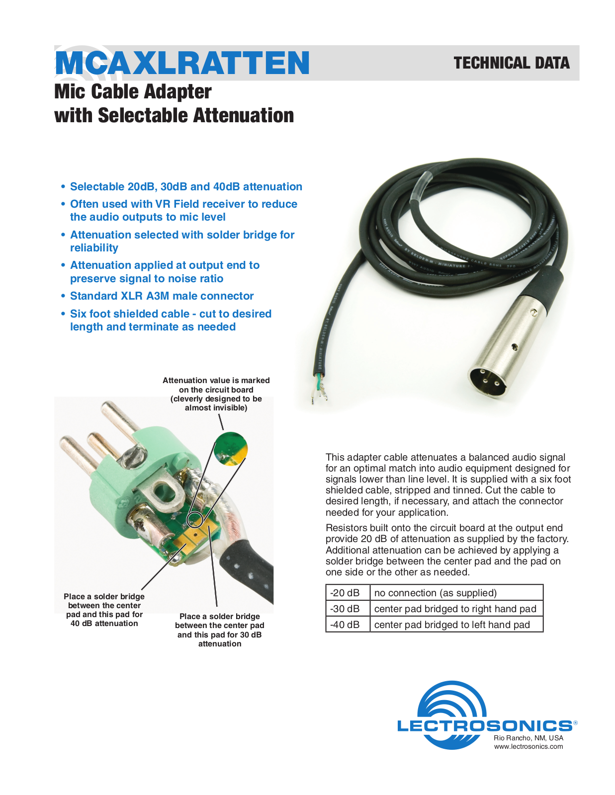 Lectrosonics MCAXLRATTEN Data Sheet