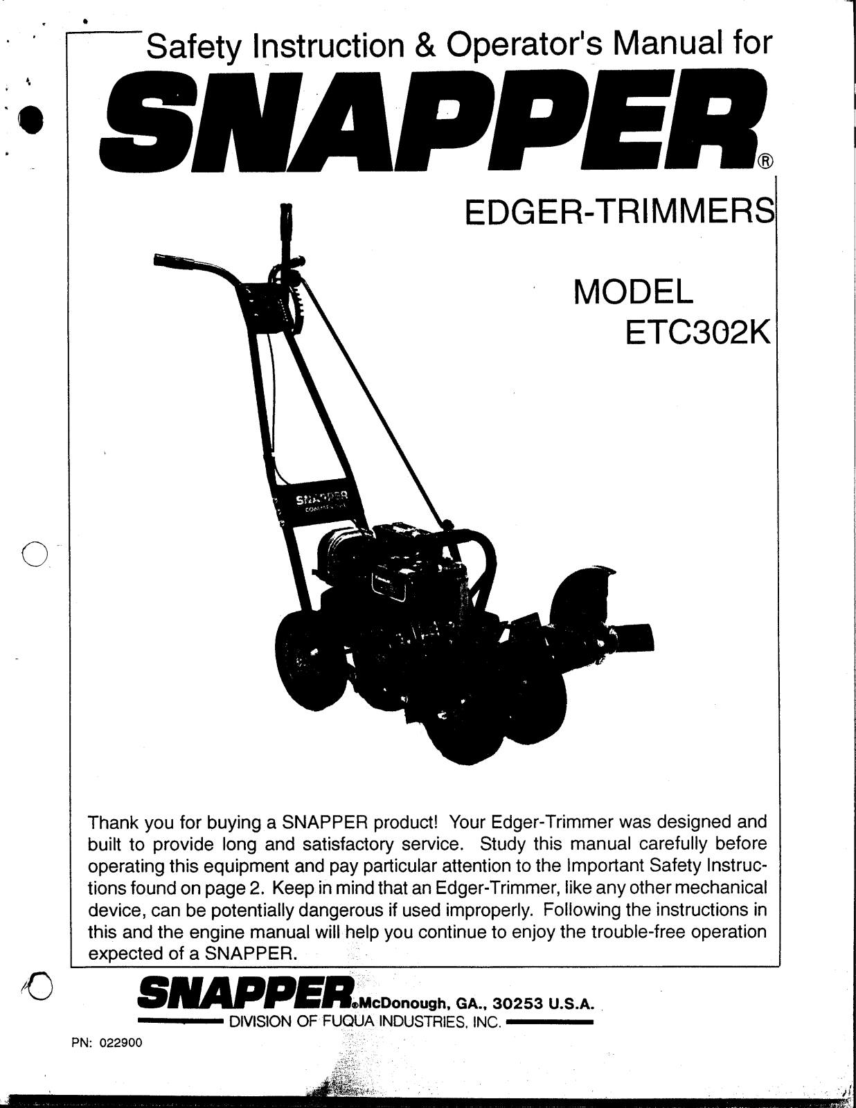 Snapper ETC302K User Manual