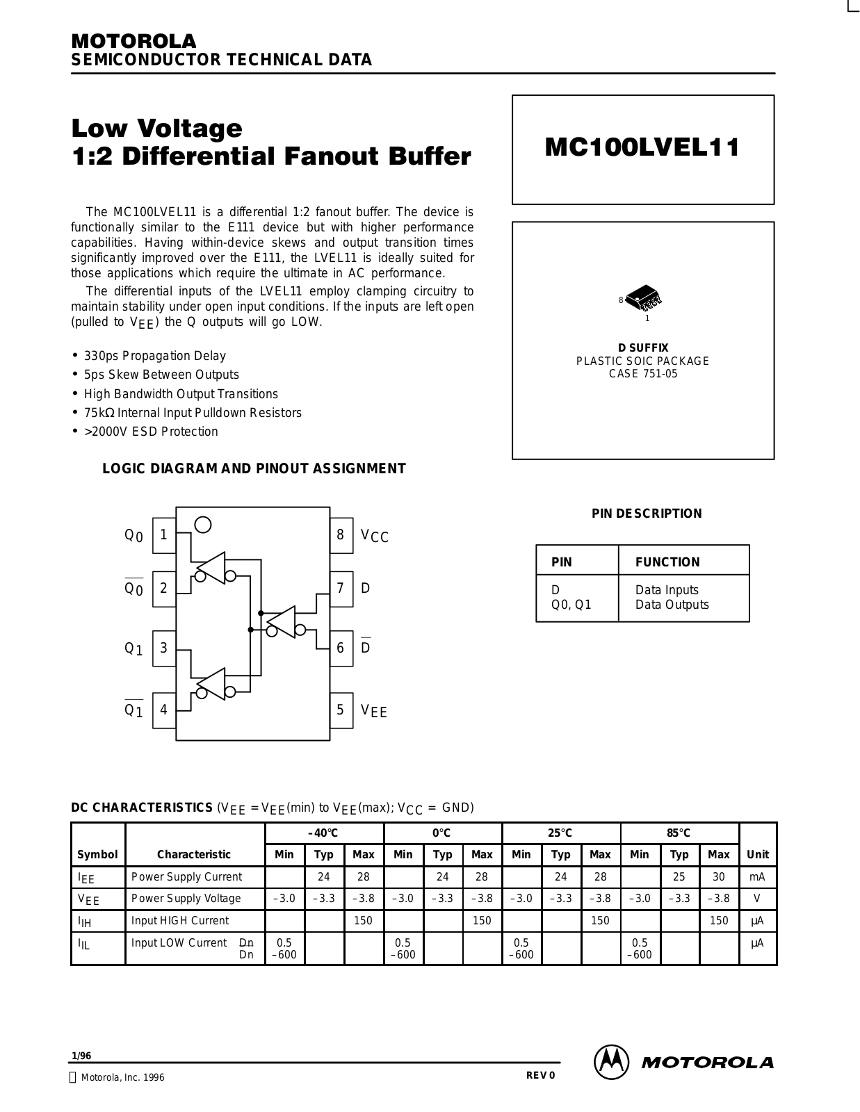 Motorola MC100LVEL11D, MC100LVEL11DR2, MC100LVEL11 Datasheet