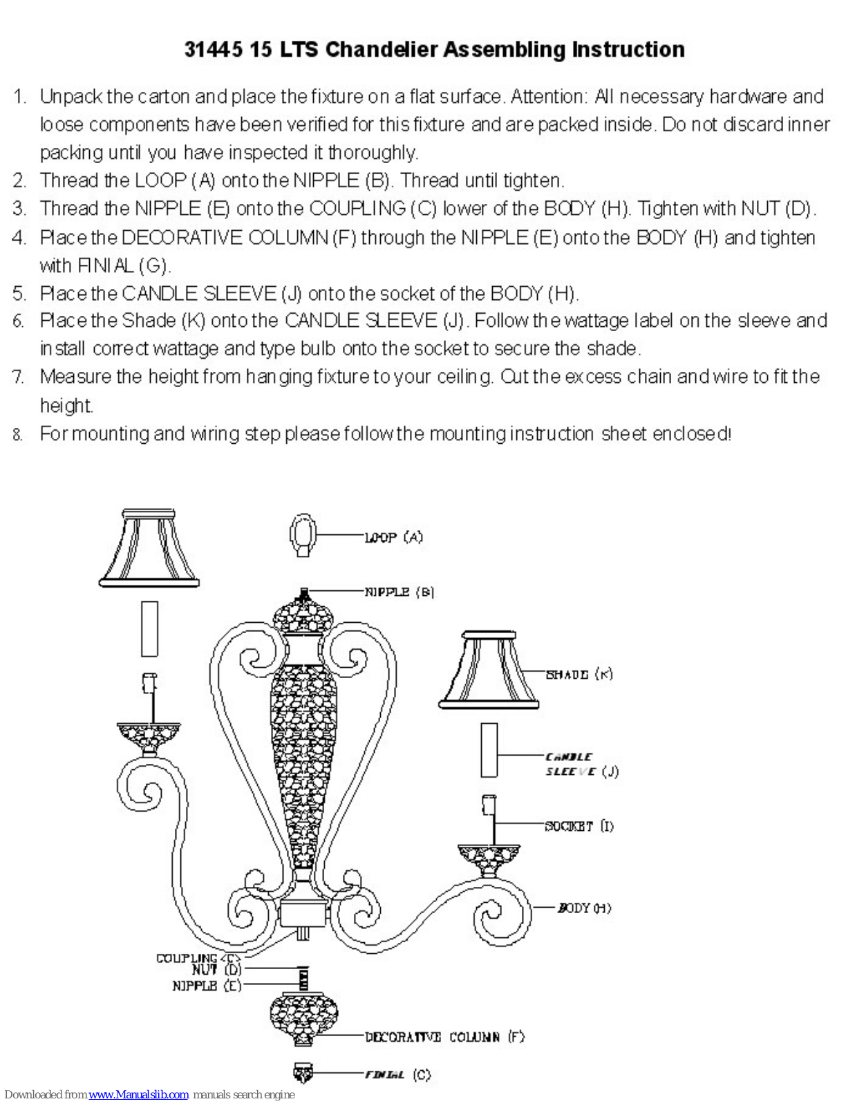 Triarch Chandelier 31445 15 LTS Assembly Instruction Manual