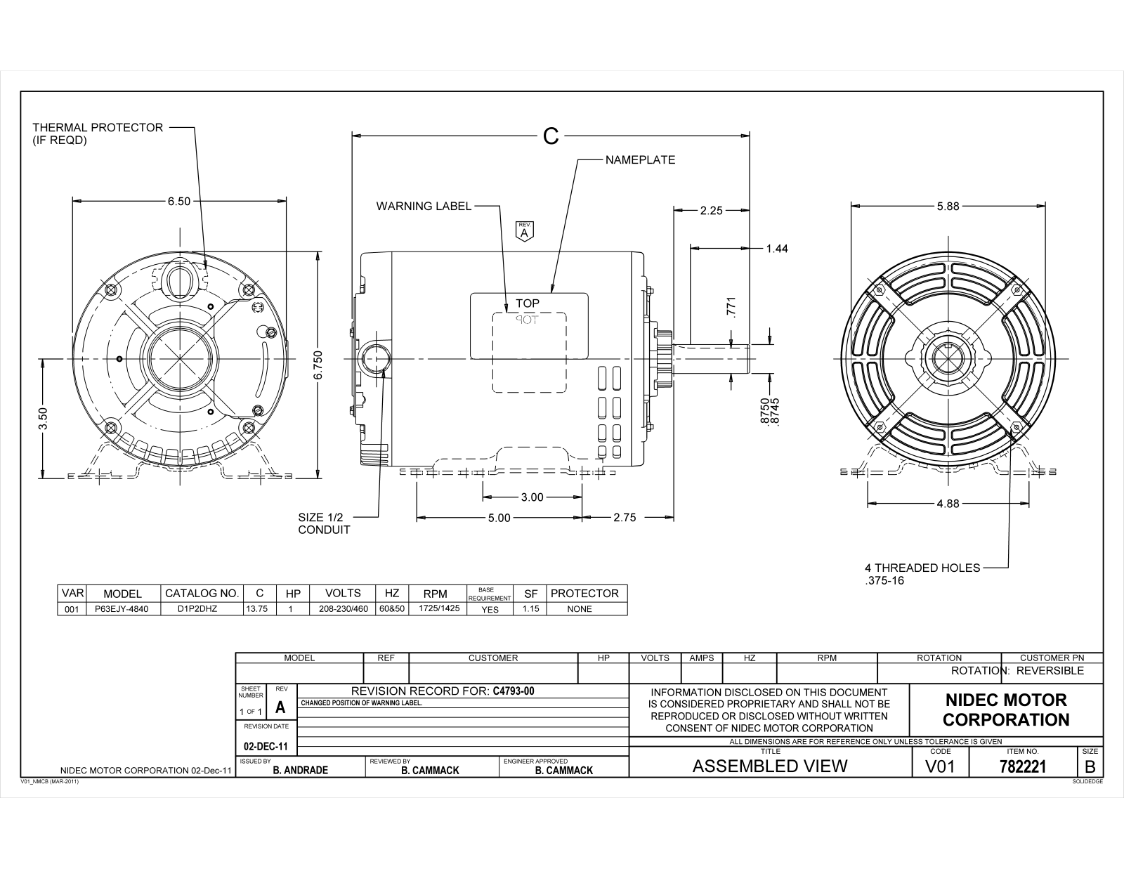 US Motors D1P2DHZ Dimensional Sheet