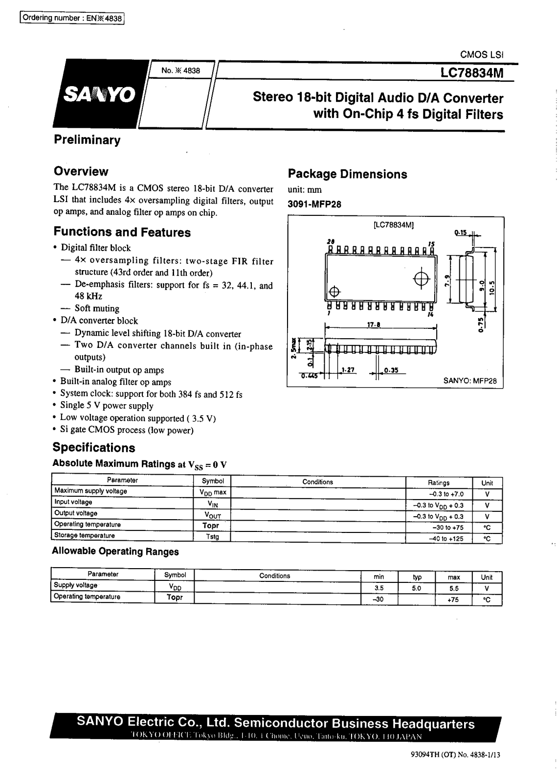 SANYO LC78834M Datasheet