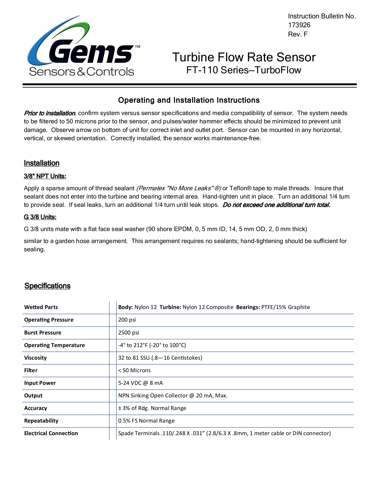 Gems Sensors & Controls FT-110 Operating Manual