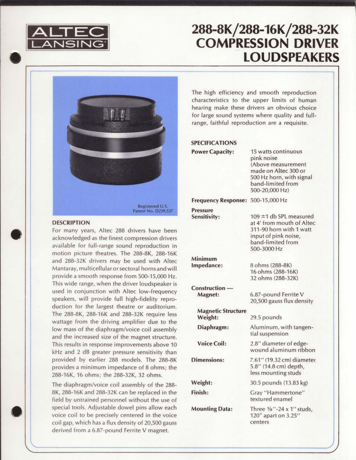 Altec lansing 288-16K HF, 288-32K HF, 288-8K HF User Manual