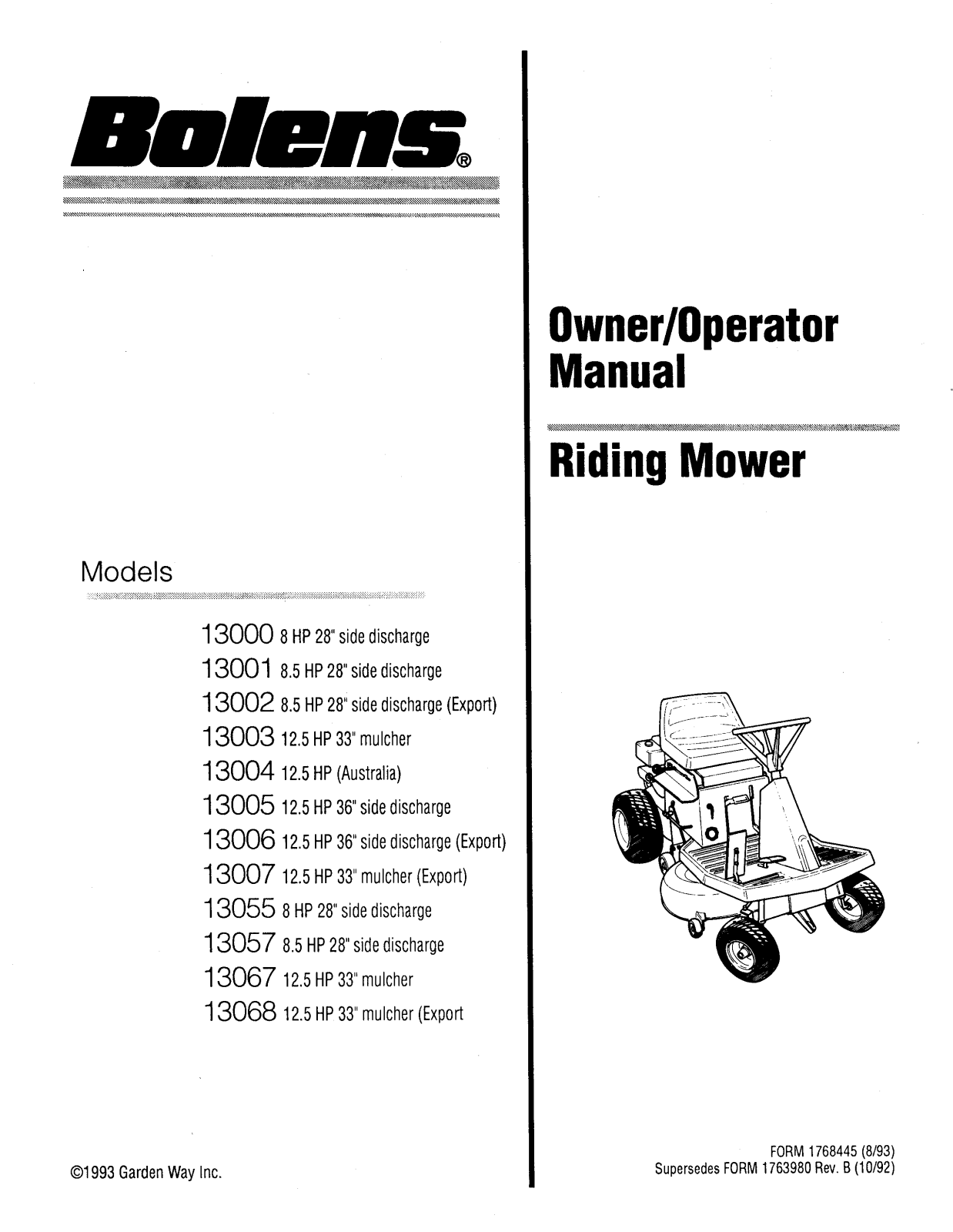 Bolens 13004, 13006, 13068, 13003, 13002 User Manual