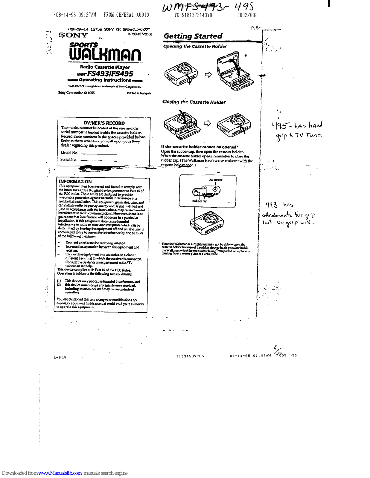 Sony Sports Walkman WM-FS495, Sports Walkman WM-FS493 Operating Instructions Manual