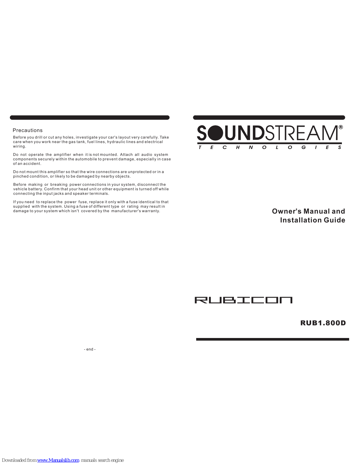 Soundstream Rubicon RUB1.800D Owner's Manual And Installation Manual