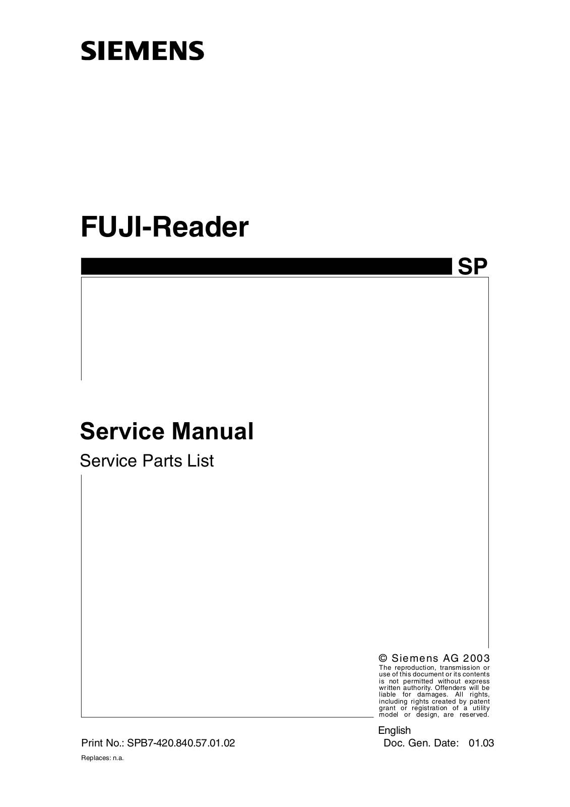 Siemens Fuji-Reader Service Parts List