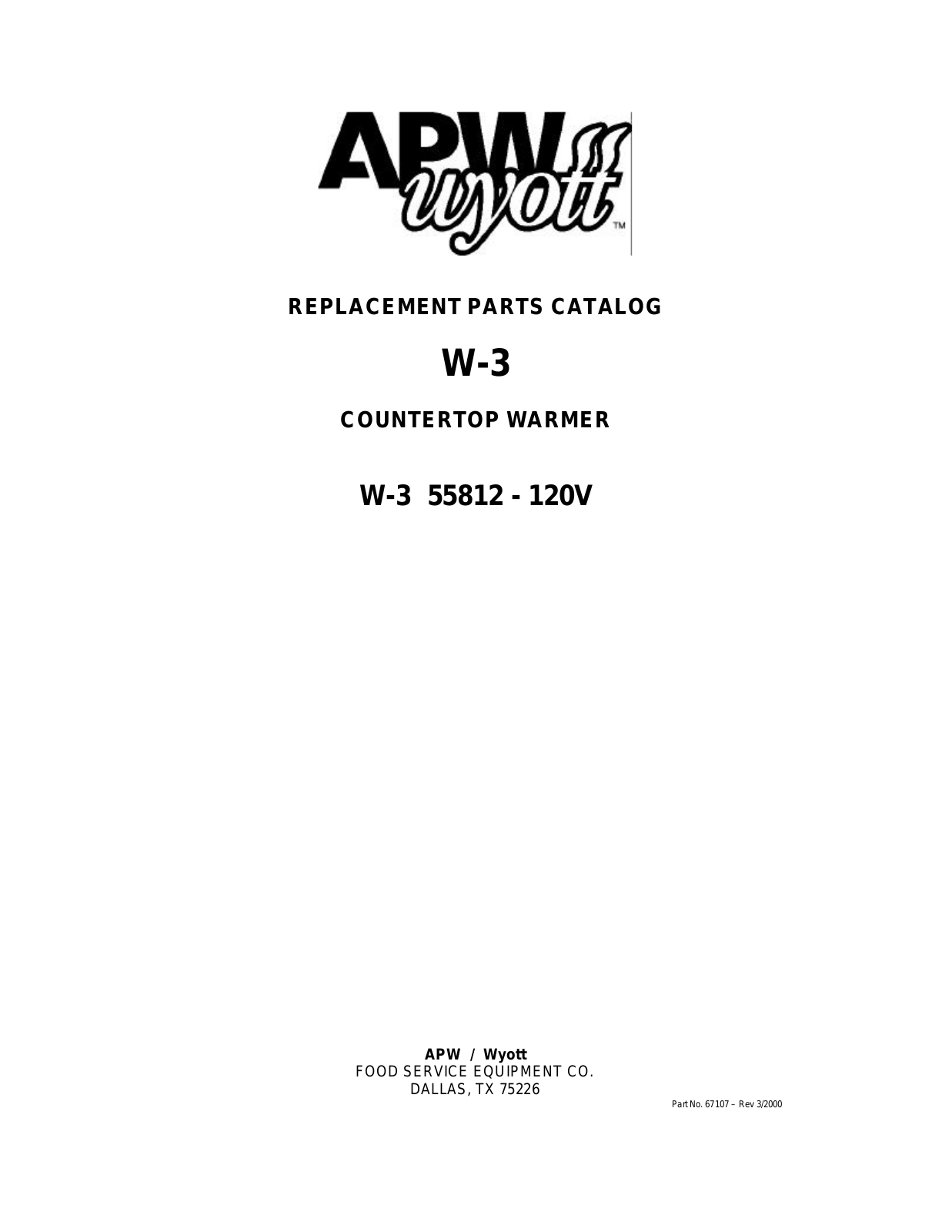 APW Wyott W-3 Parts Manual