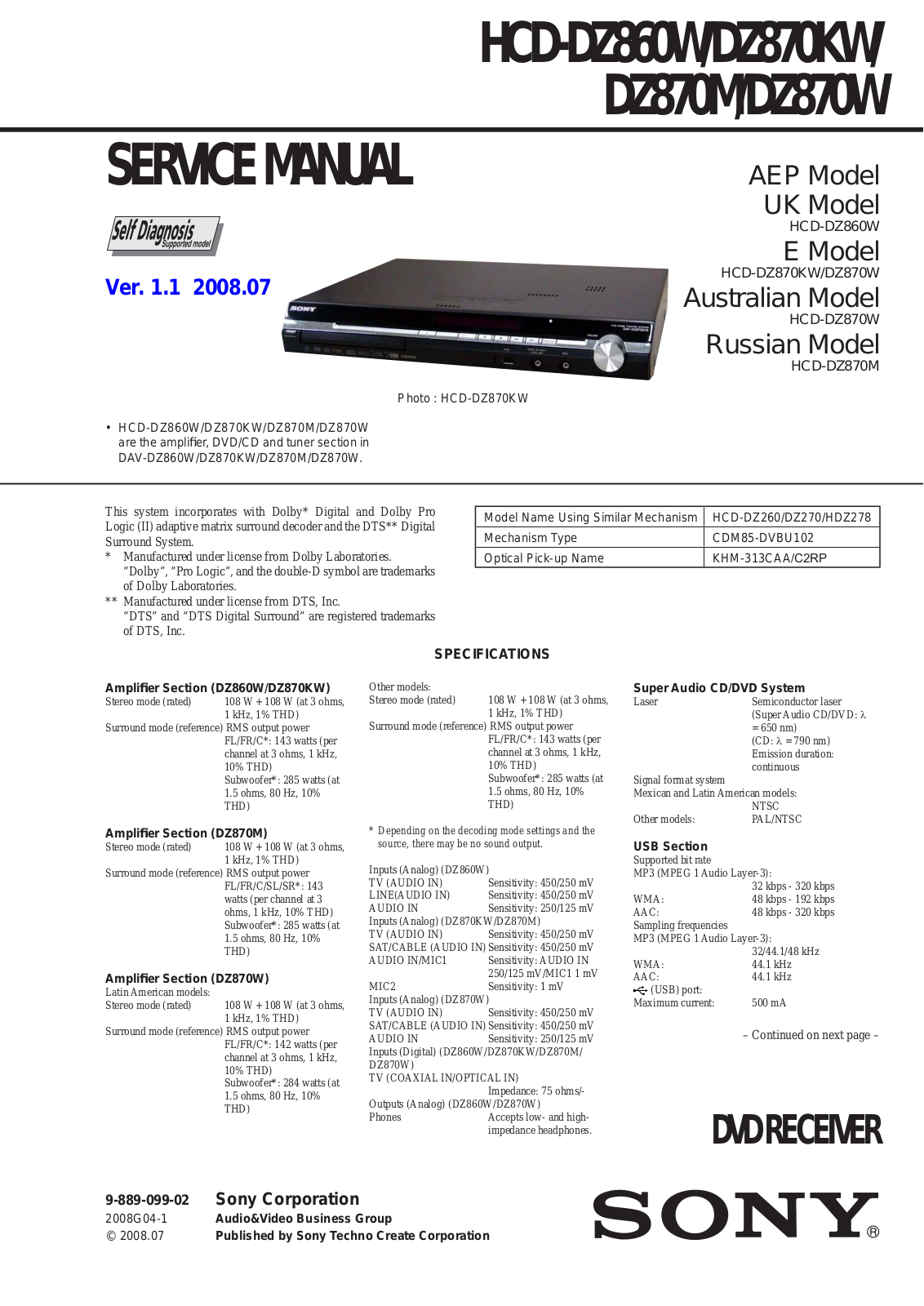 Sony HCD-DZ860W, HCD-DZ870KW, HCD-DZ870M, HCD-DZ870W Service Manual