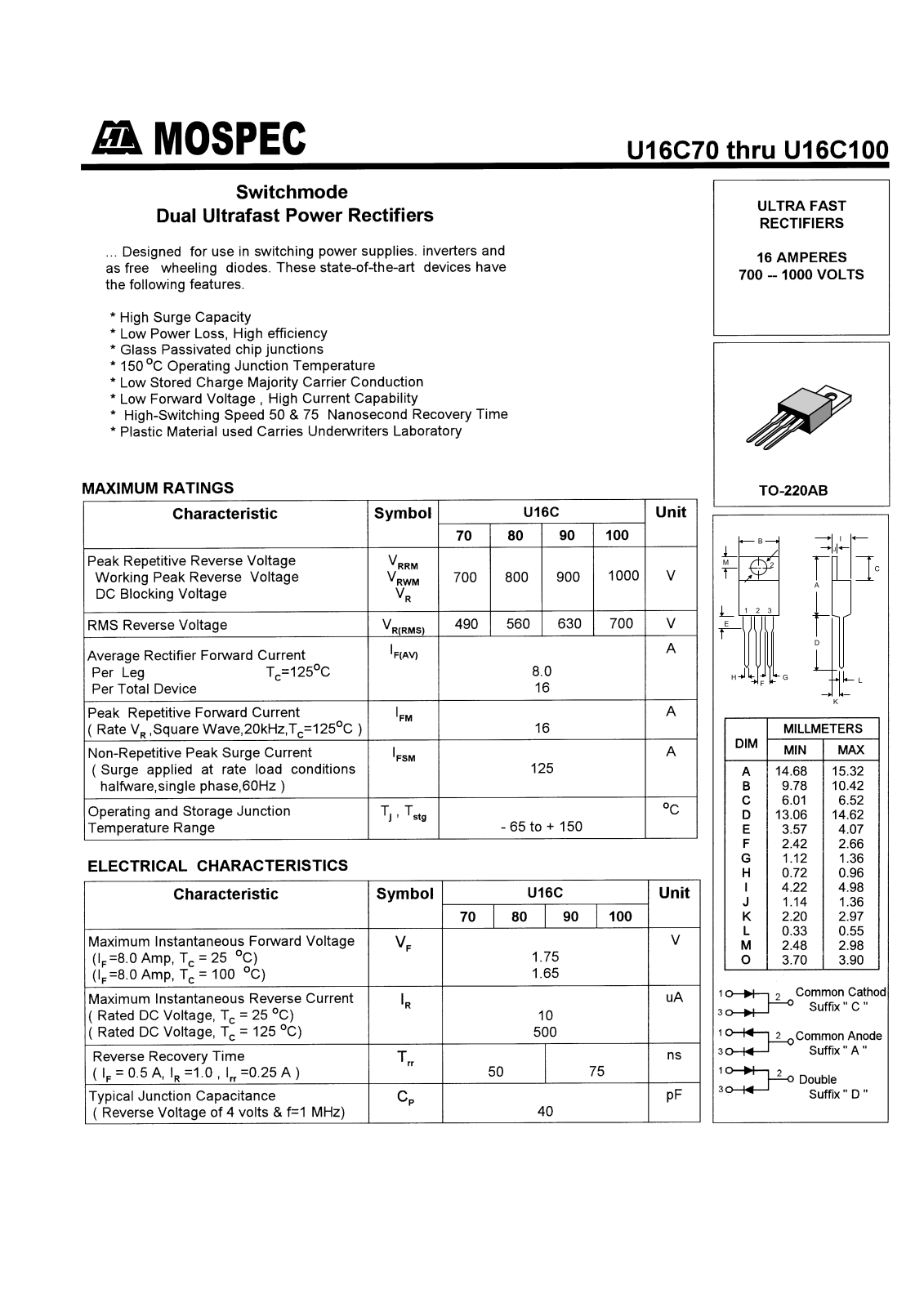 MOSPEC U16C90, U16C80, U16C70, U16C100 Datasheet