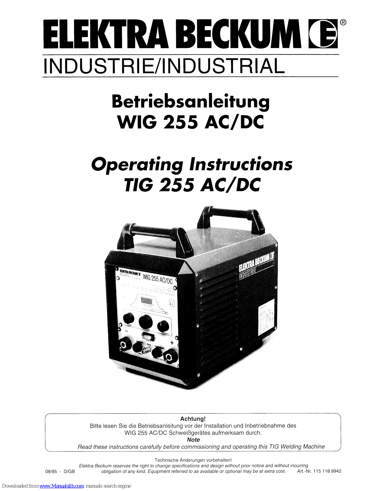 Elektra Beckum TIG Welding Machine TIG 255 DC, TIG Welding Machine TIG 255 AC/DC, TIG 255 AC/DC Betriebsanleitung