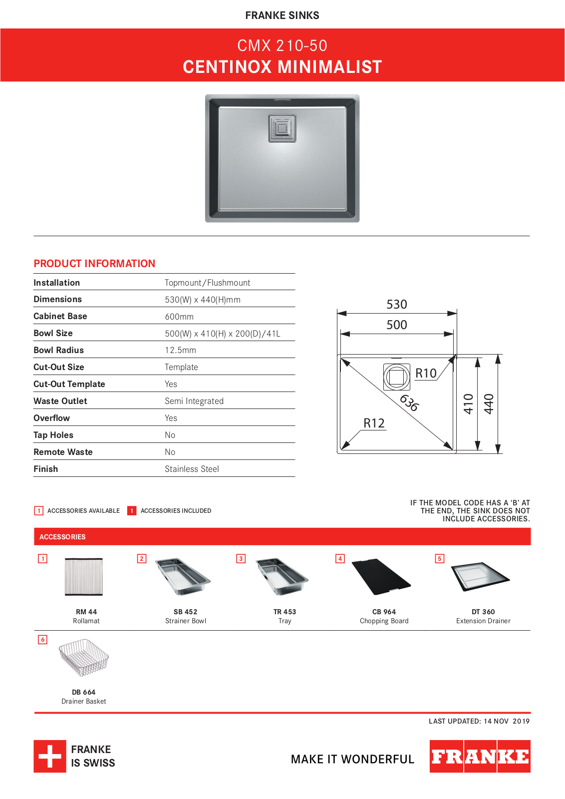 Franke CMX210-50 Specifications Sheet