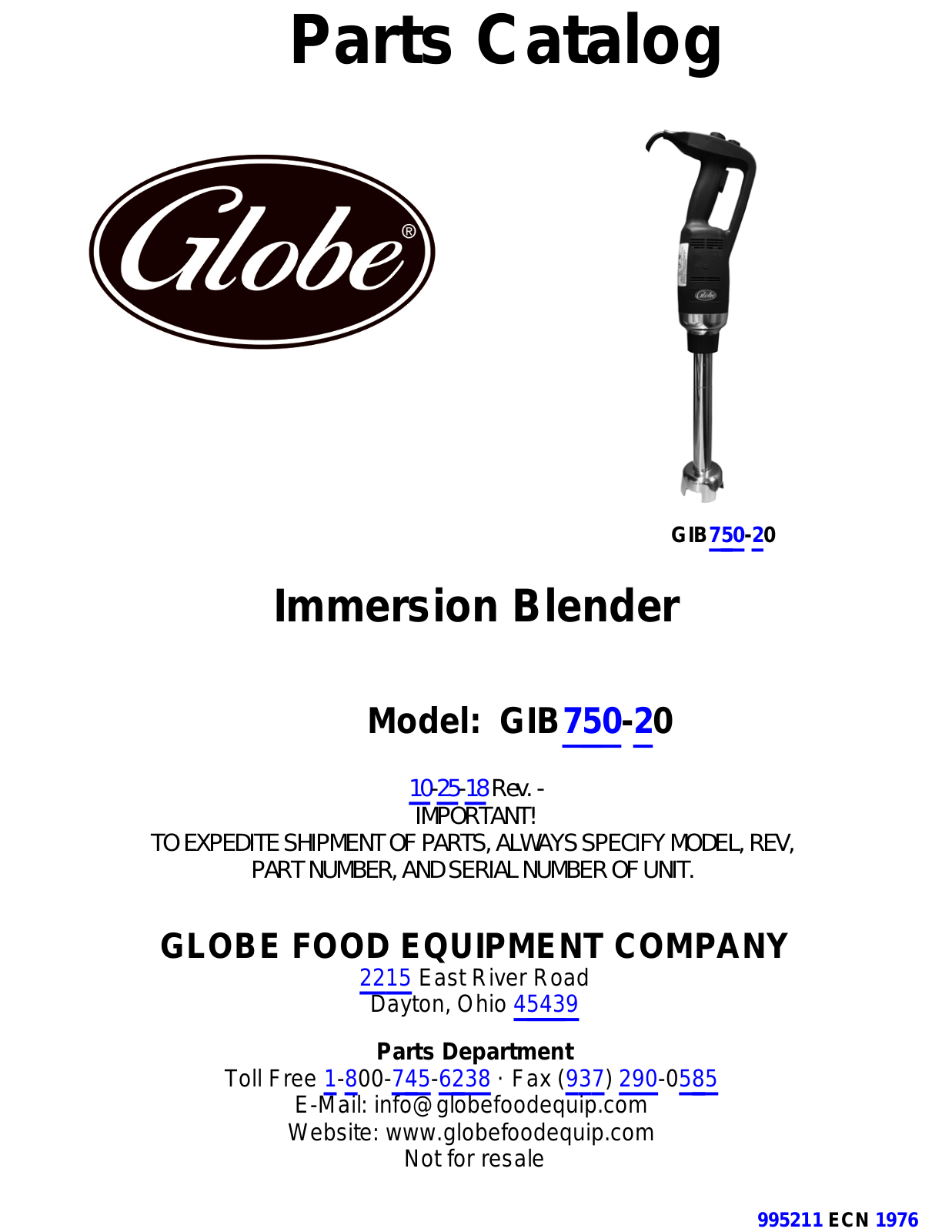 Globe GIB750-20 Parts List