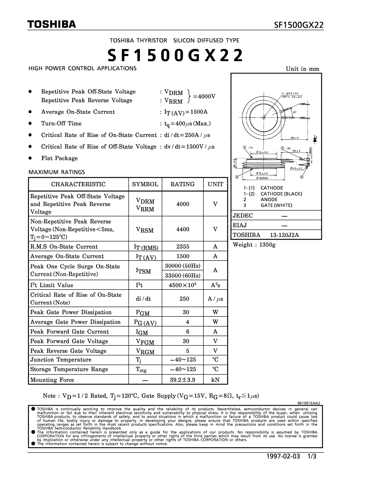 TOSHIBA SF1500GX22 Technical data