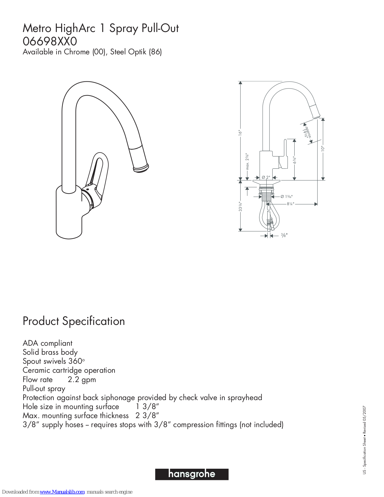 Hansgrohe 06698860, 6698000, 6698860 Specification Sheet