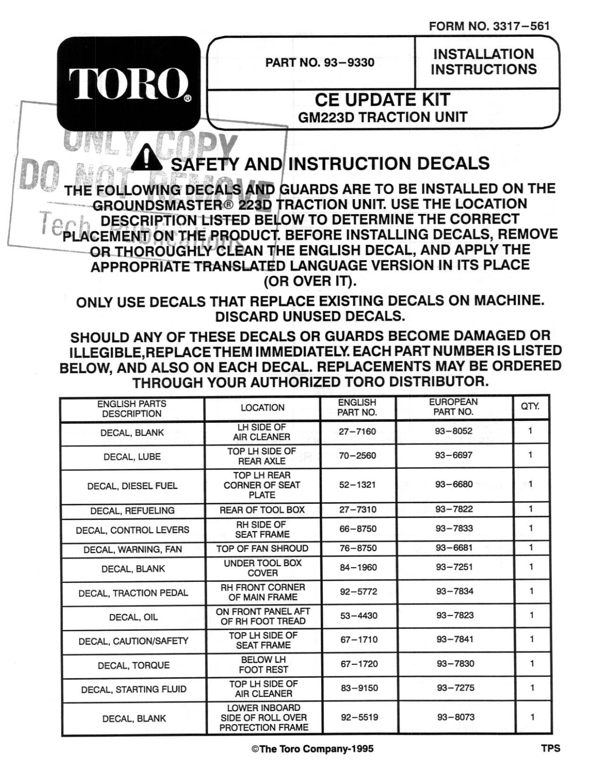 Toro 93-9330 Installation Instructions