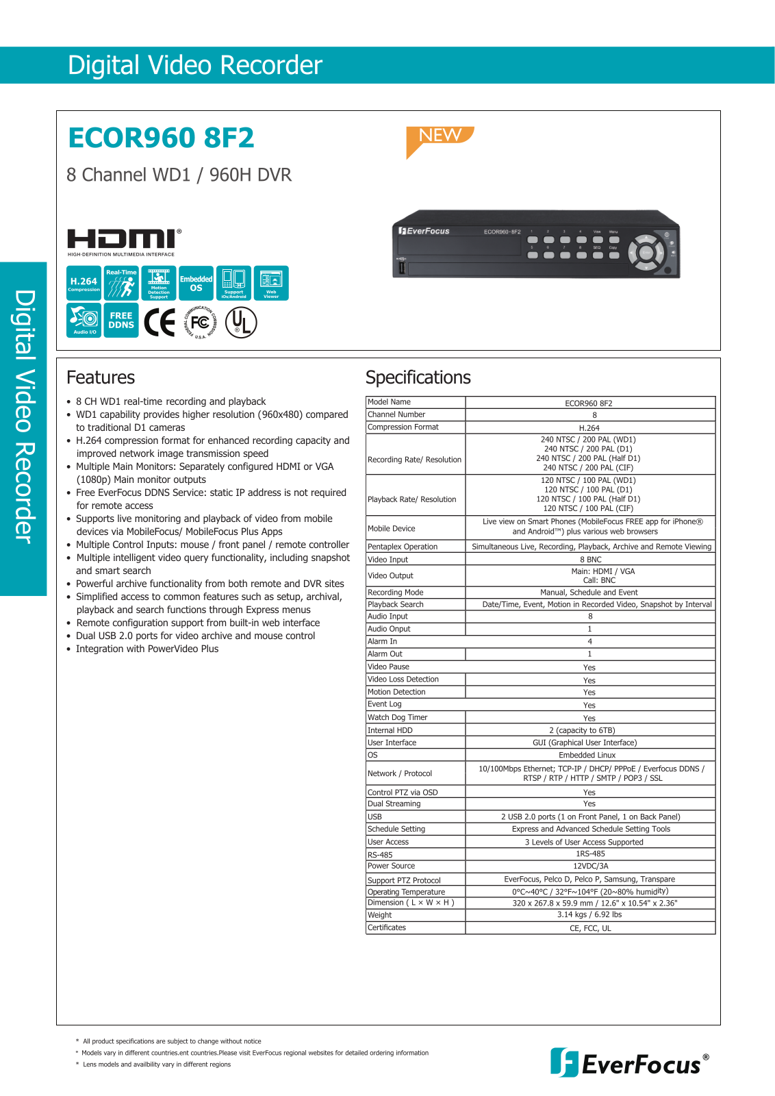 EverFocus ECOR960-8F-3T, ECOR960-8F-2T, ECOR960-8F-1T Specsheet