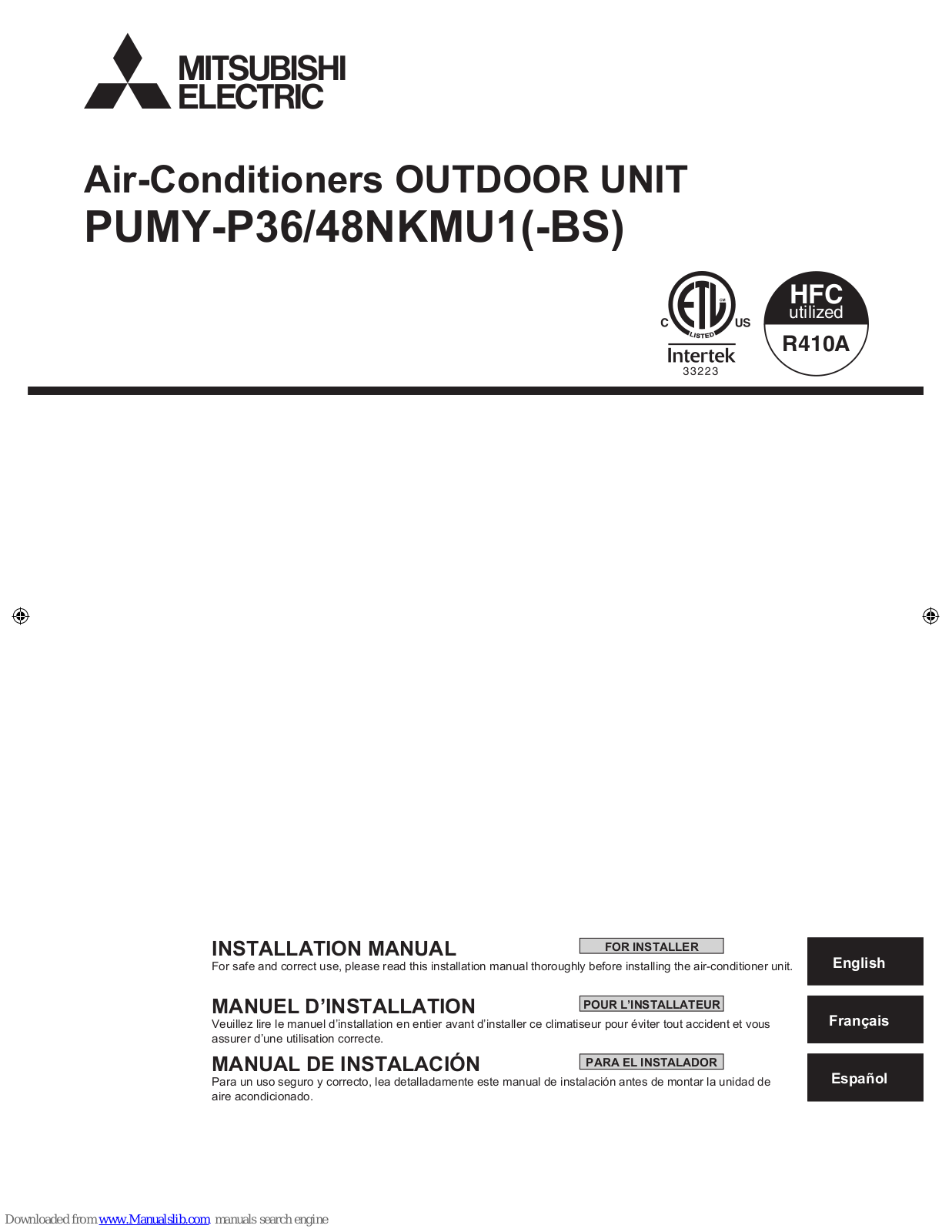 Mitsubishi PUMY-P36NKMU1, PUMY-P48NKMU1-BS, PUMY-P48NKMU1, PUMY-P36NKMU1-BS Installation Manual