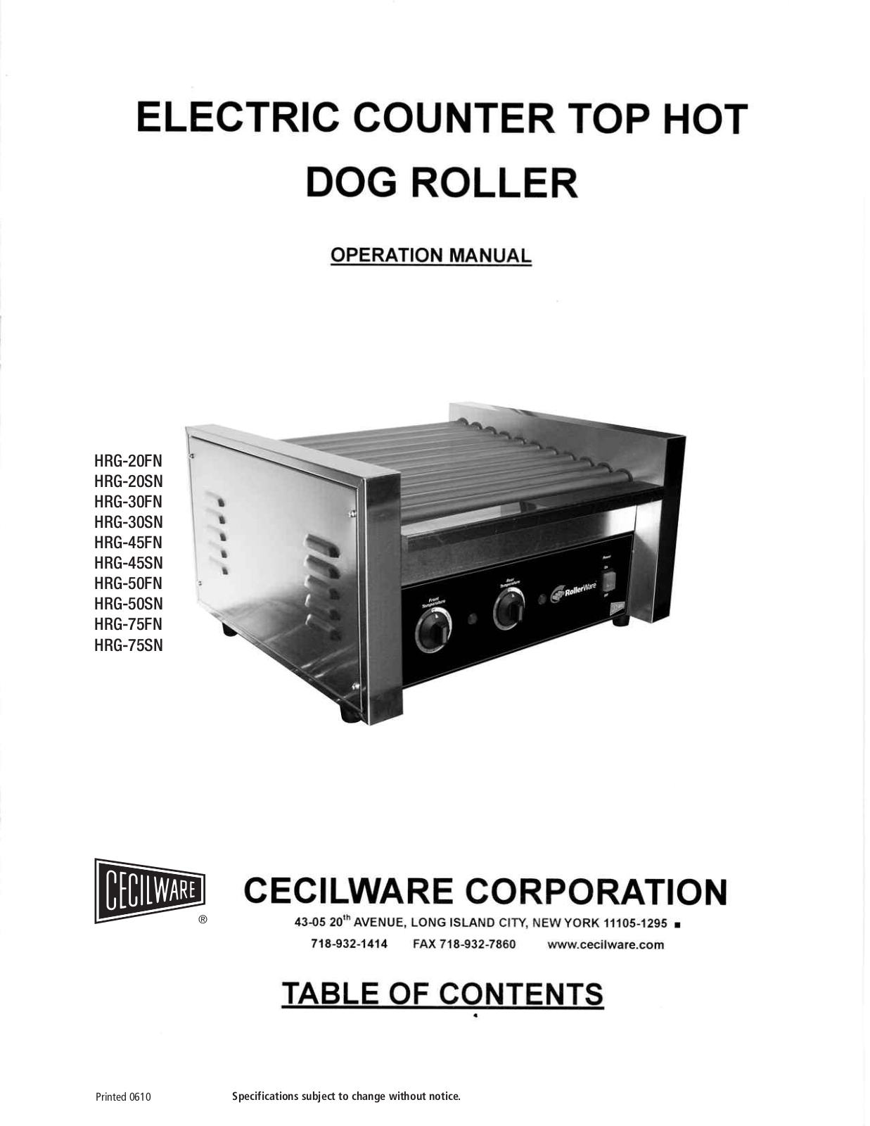 Cecilware HRG-20FN, HRG-20SN, HRG-30FN, HRG-30SN, HRG-45FN Operation Manual