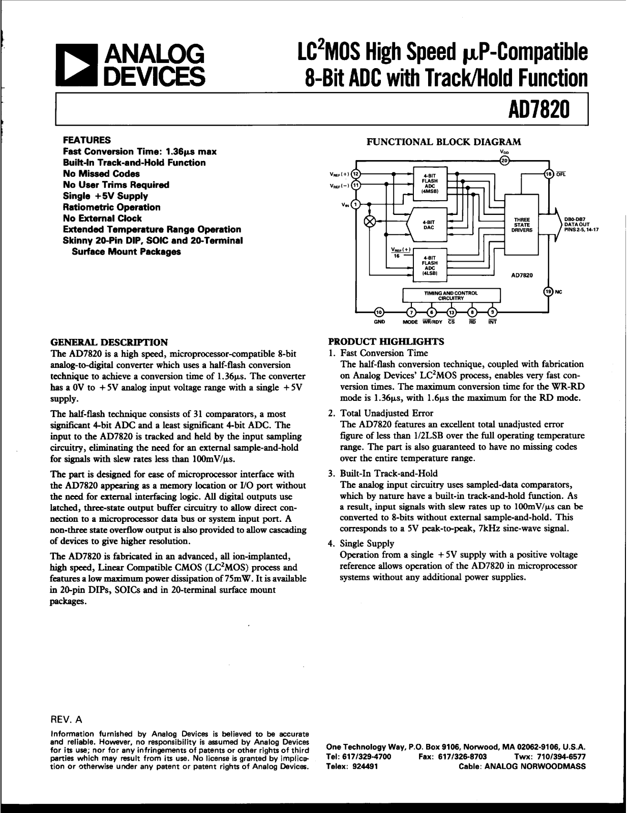 Analog Devices AD7820BQ, AD7820UQ, AD7820UE, AD7820TQ, AD7820TE Datasheet