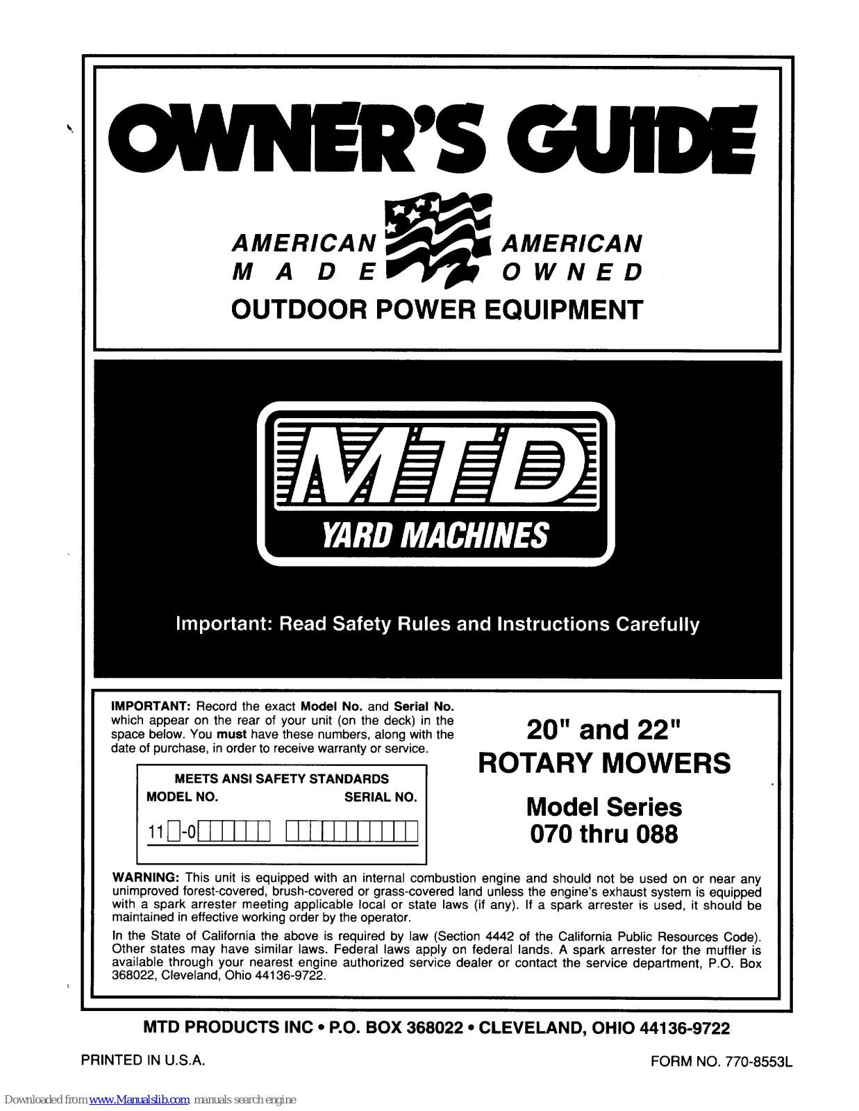 MTD 070 Thru 088, Yard Machines 070, Yard Machines 088 Owner's Manual