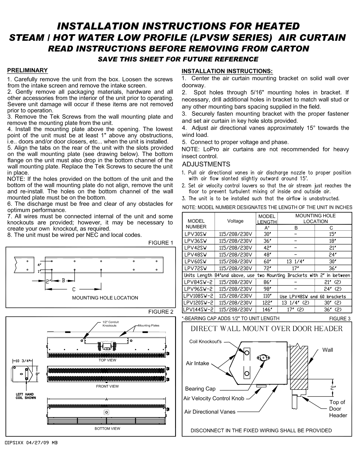 Mars Air LPV108SW-2 Installation  Manual