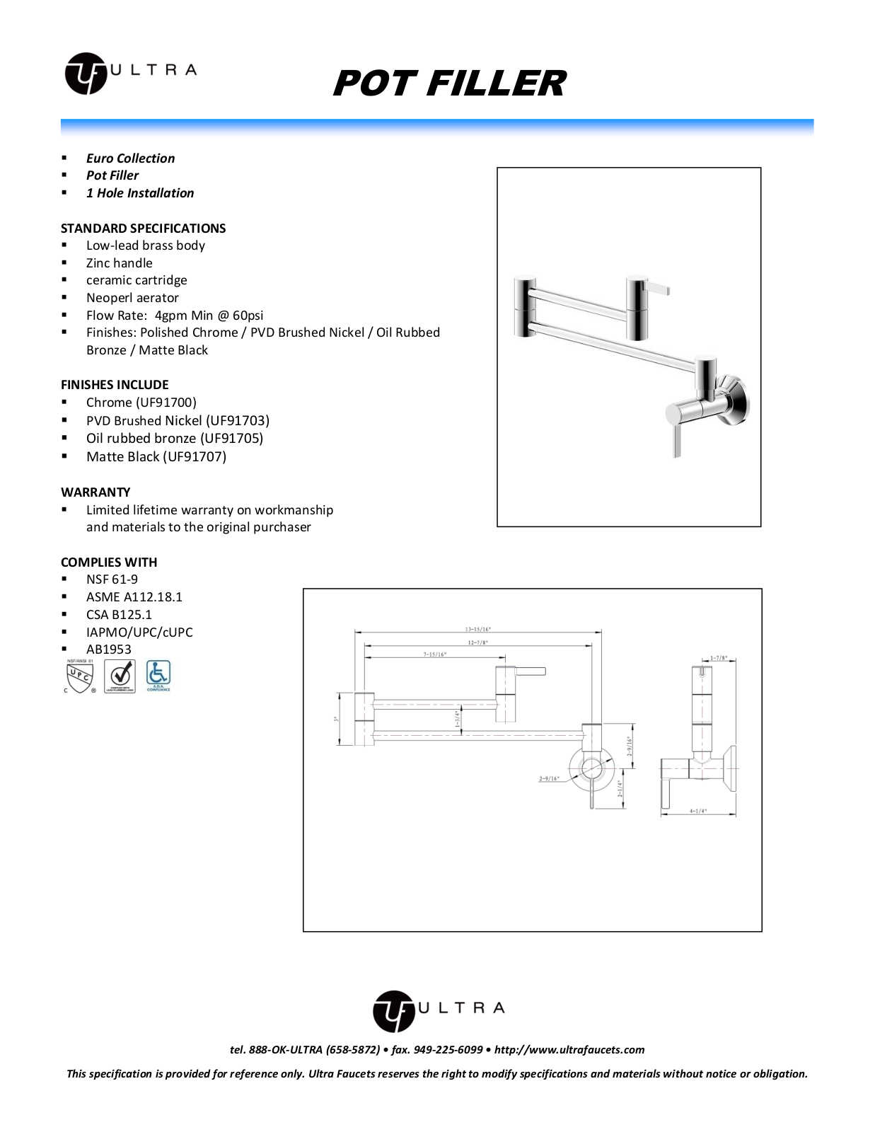 Ultra Faucets LTR10104 Specifications - ManualMachine.com