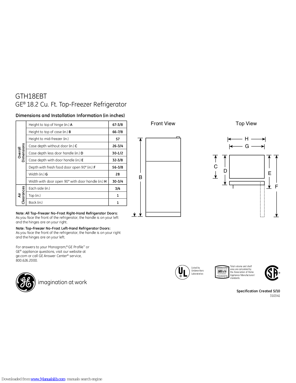 GE GTH18EBT, GTH18EBTWW, GTH18EBTBB Dimensions And Installation Information