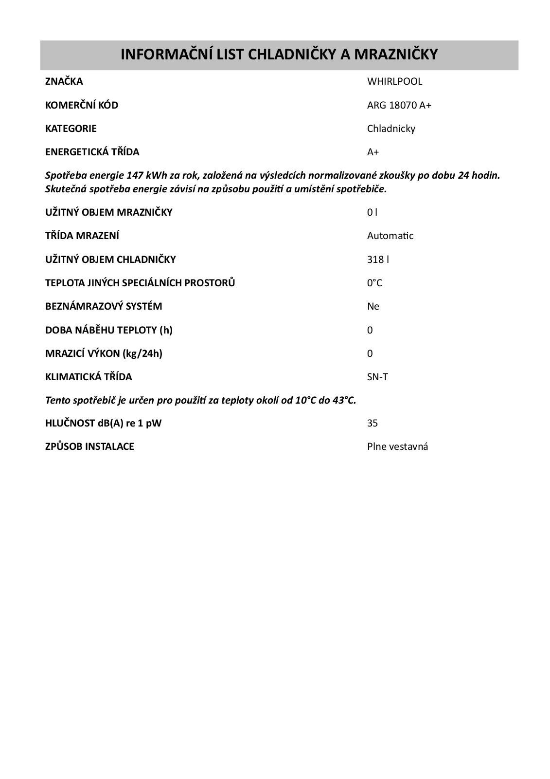 Whirlpool ARG 18070 A+ User Manual