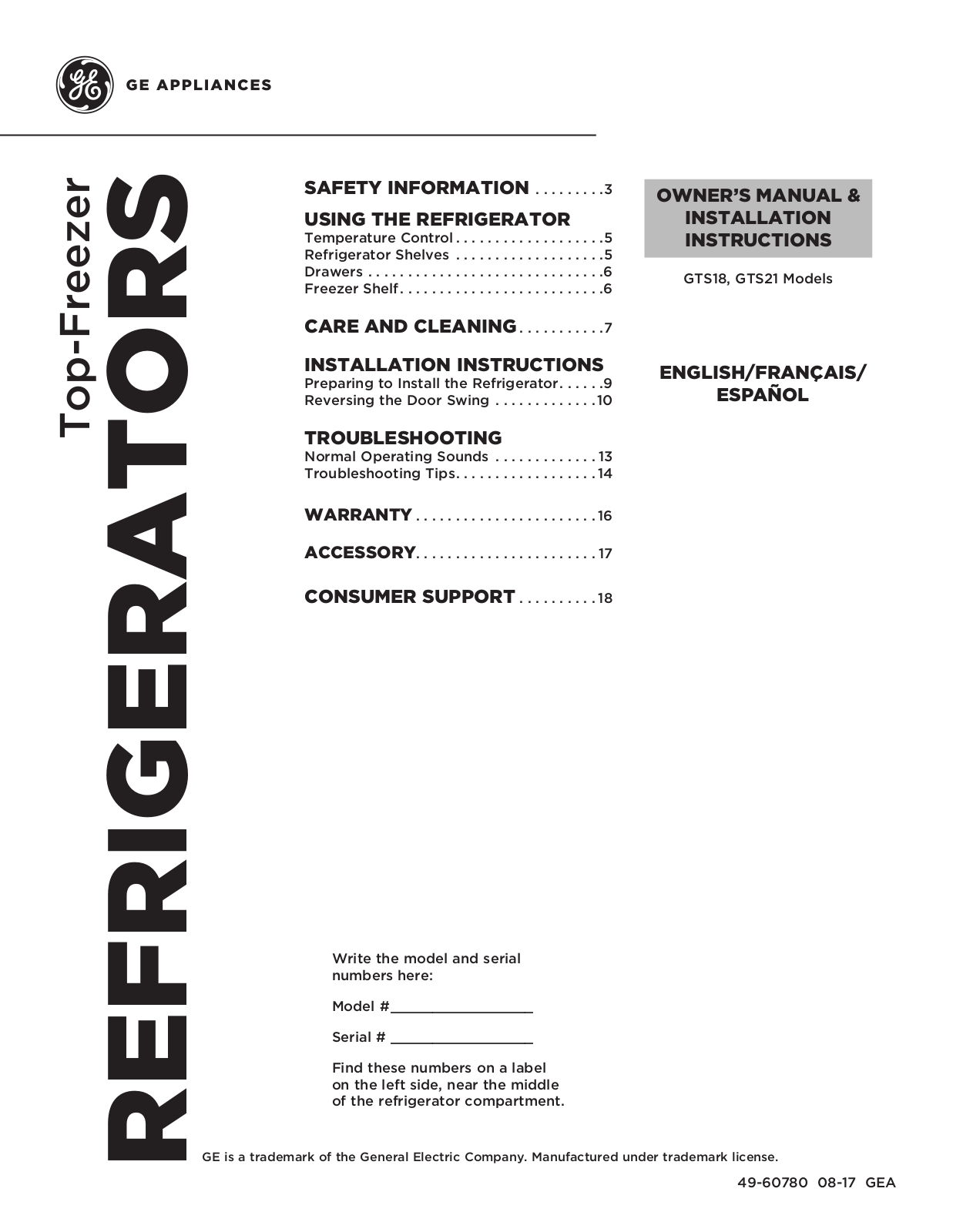 GE GTS18FSLSS User Manual