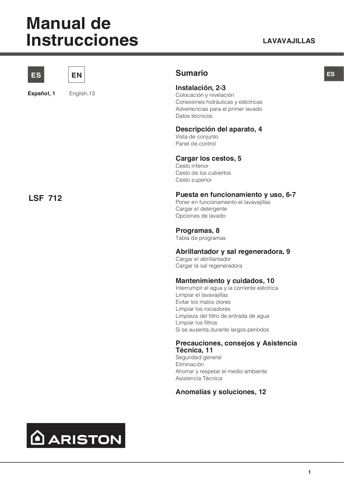 ARISTON LSF 712 AG User Manual