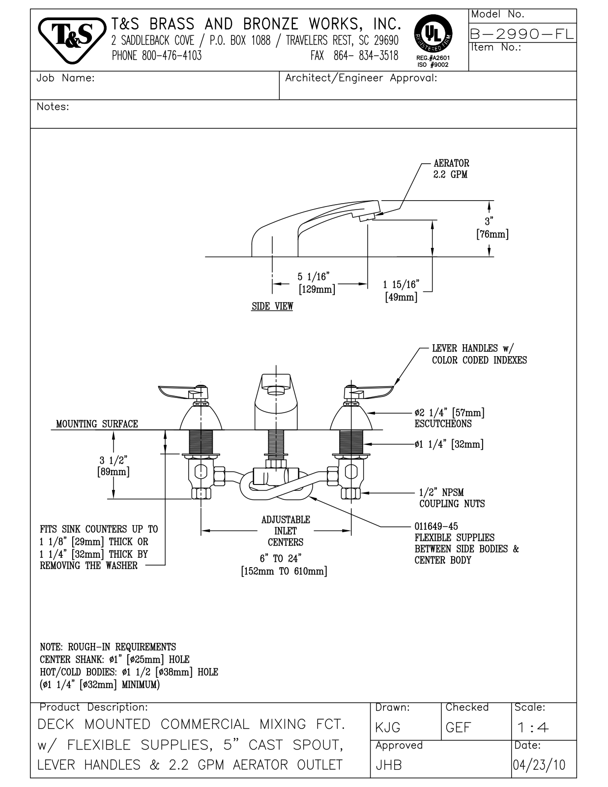 T&S Brass Manuals B-2990-FL User Manual