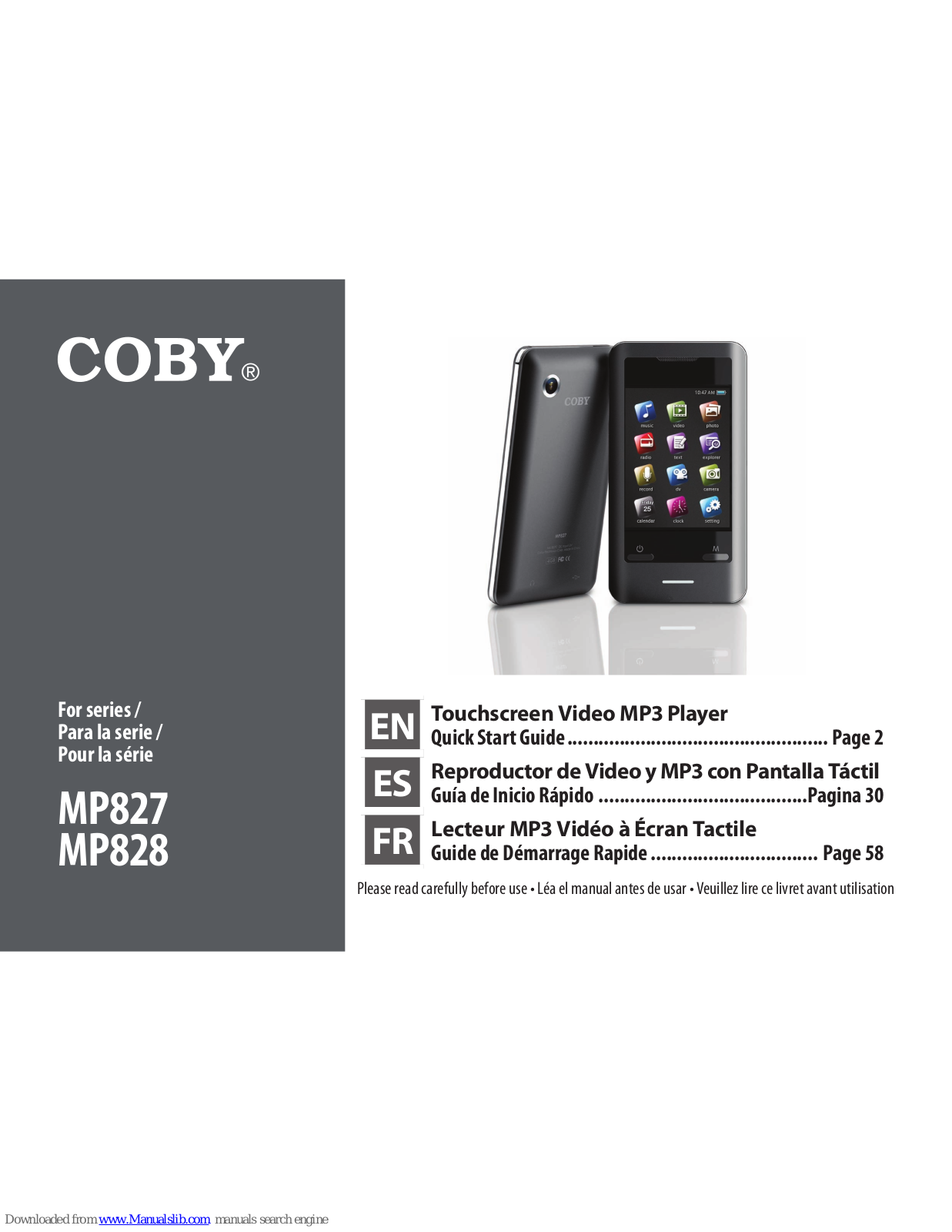 Coby MP827, MP827-4GBLK, MP828 Quick Start Manual